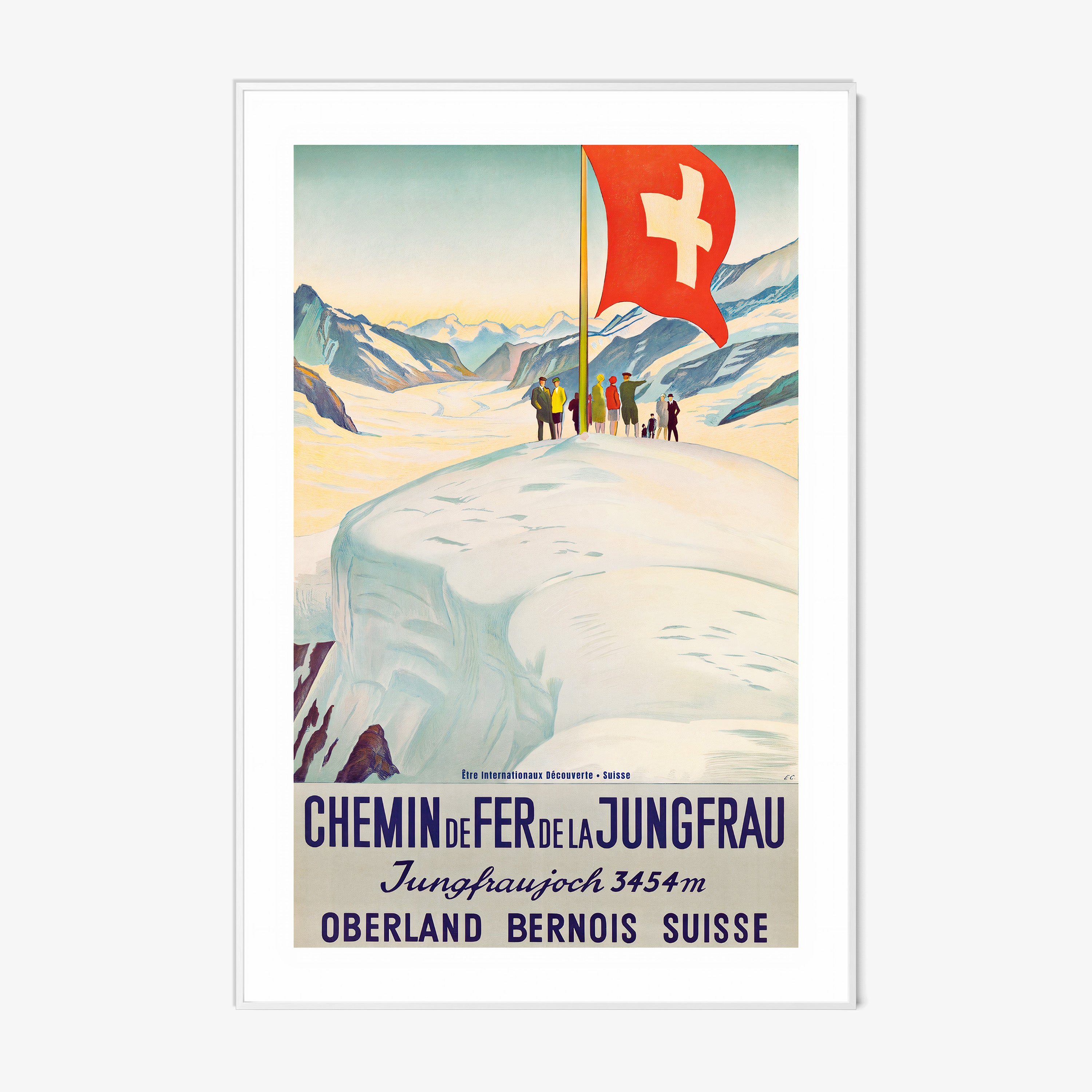 Framed Poster featuring a group of people on top of a snowy mountain edge standing next to a large Switzerland flag hanging on a white backdrop