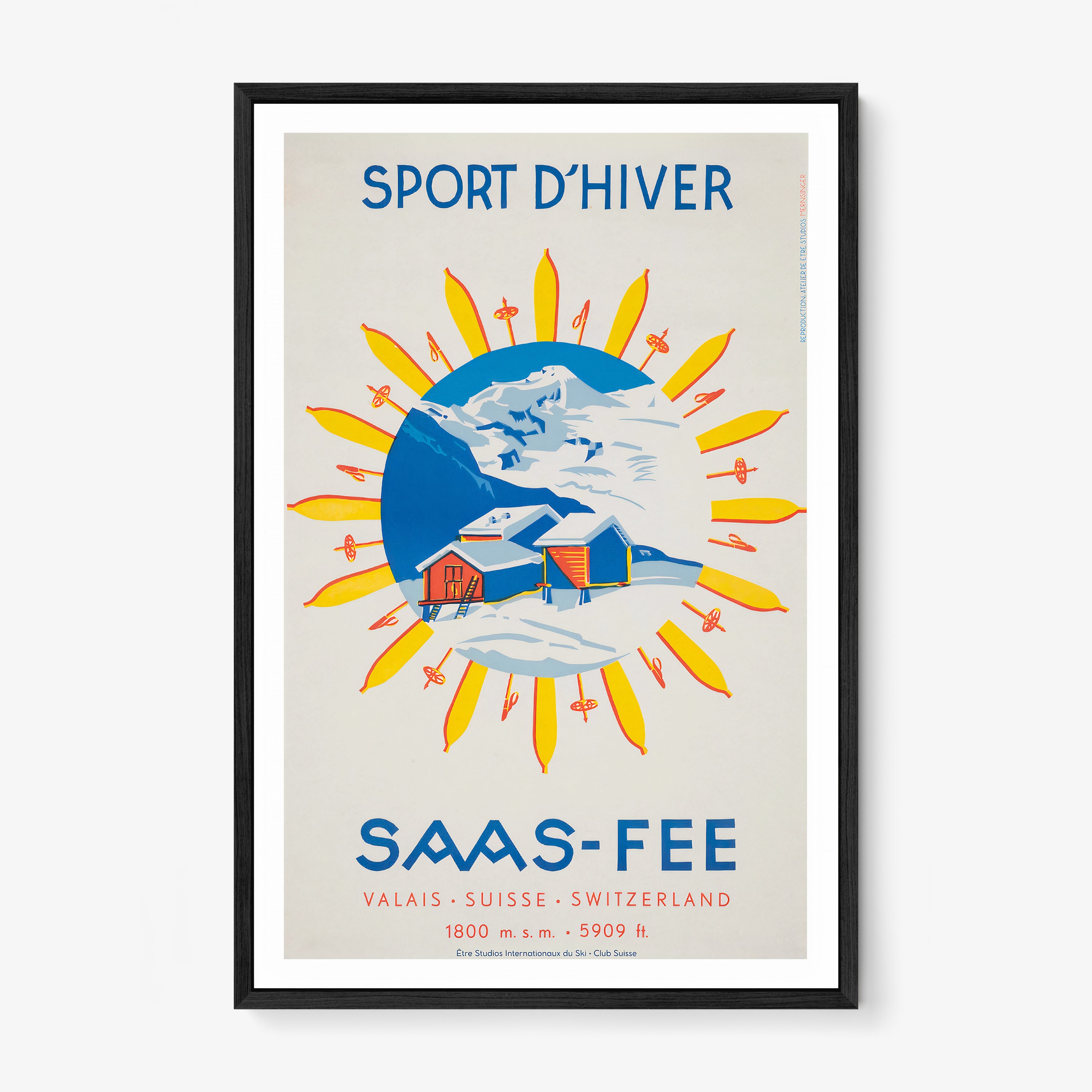 Framed poster of 'Sport d'Hiver Saas-Fee' on a wall