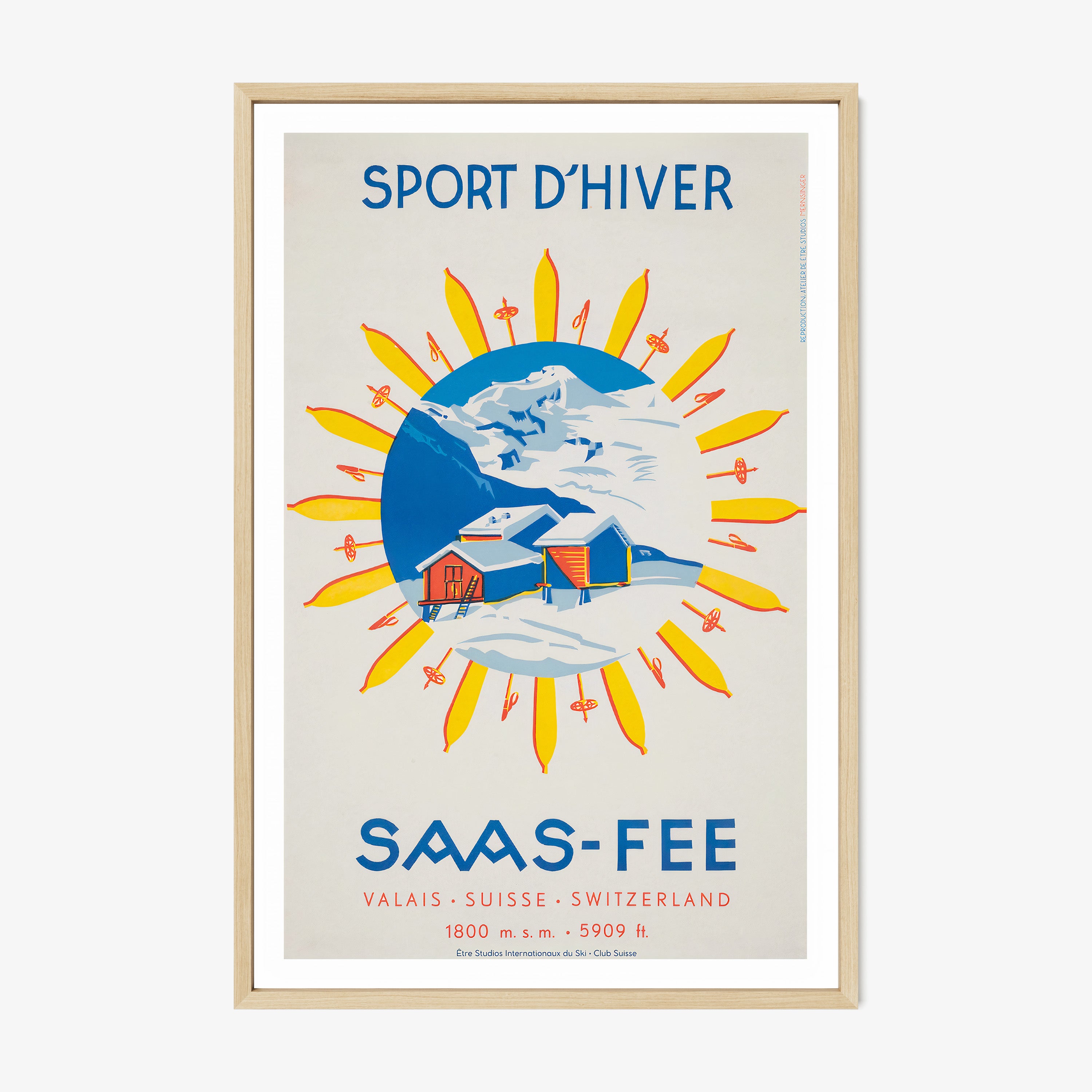 Framed poster of 'Sport d'Hiver Saas-Fee' on a wall