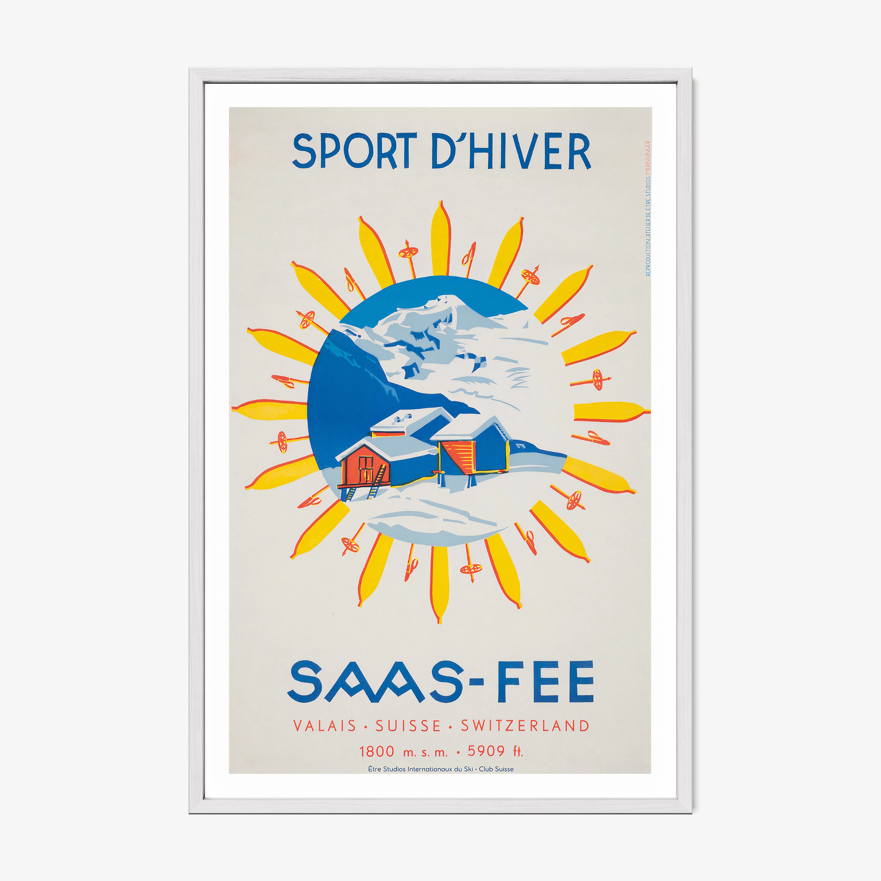 Framed poster of 'Sport d'Hiver Saas-Fee' on a wall