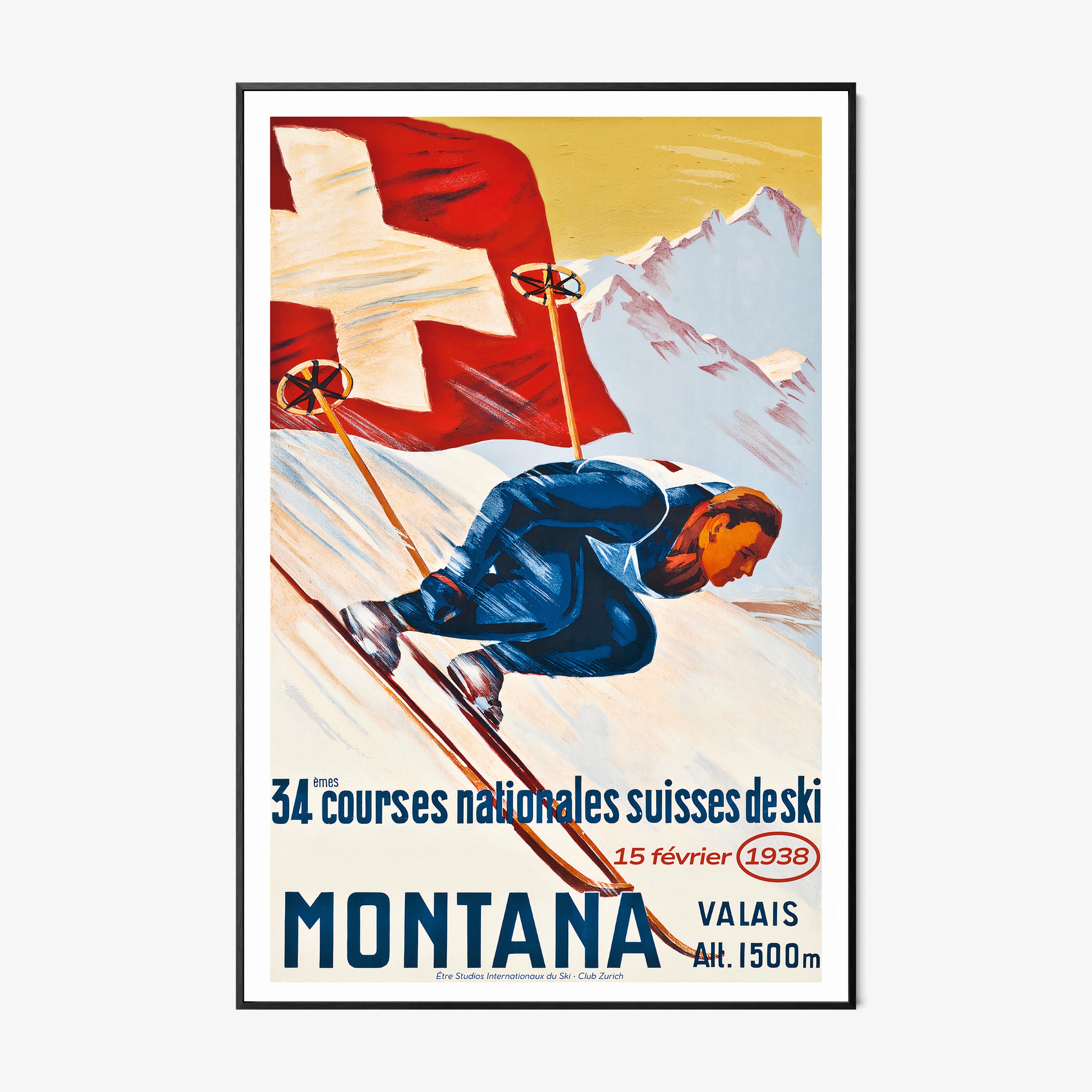 Vintage-style poster with skier and Swiss flag, featuring text about ski races in Montana, Valais.