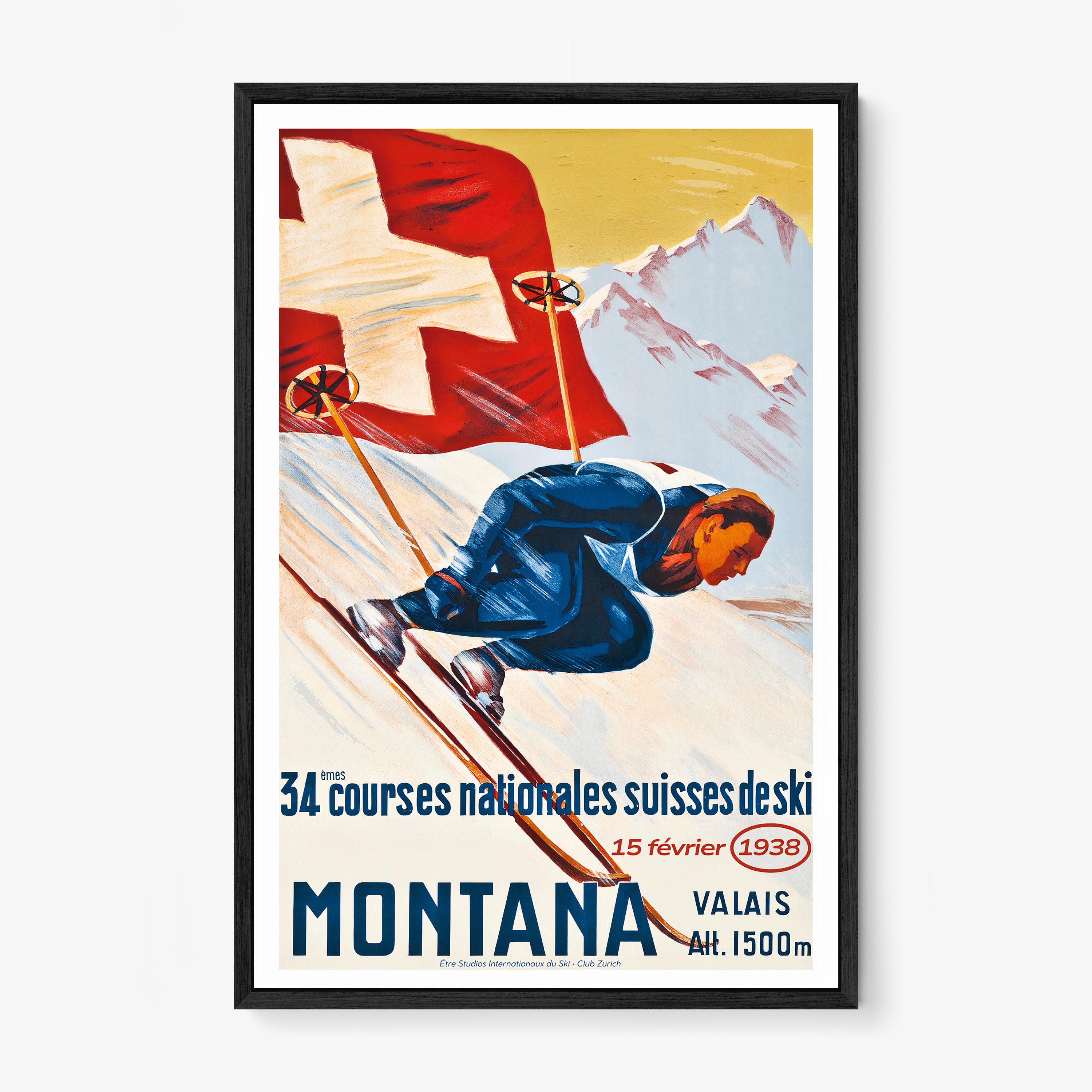 Vintage-style poster with skier and Swiss flag, featuring text about ski races in Montana, Valais.
