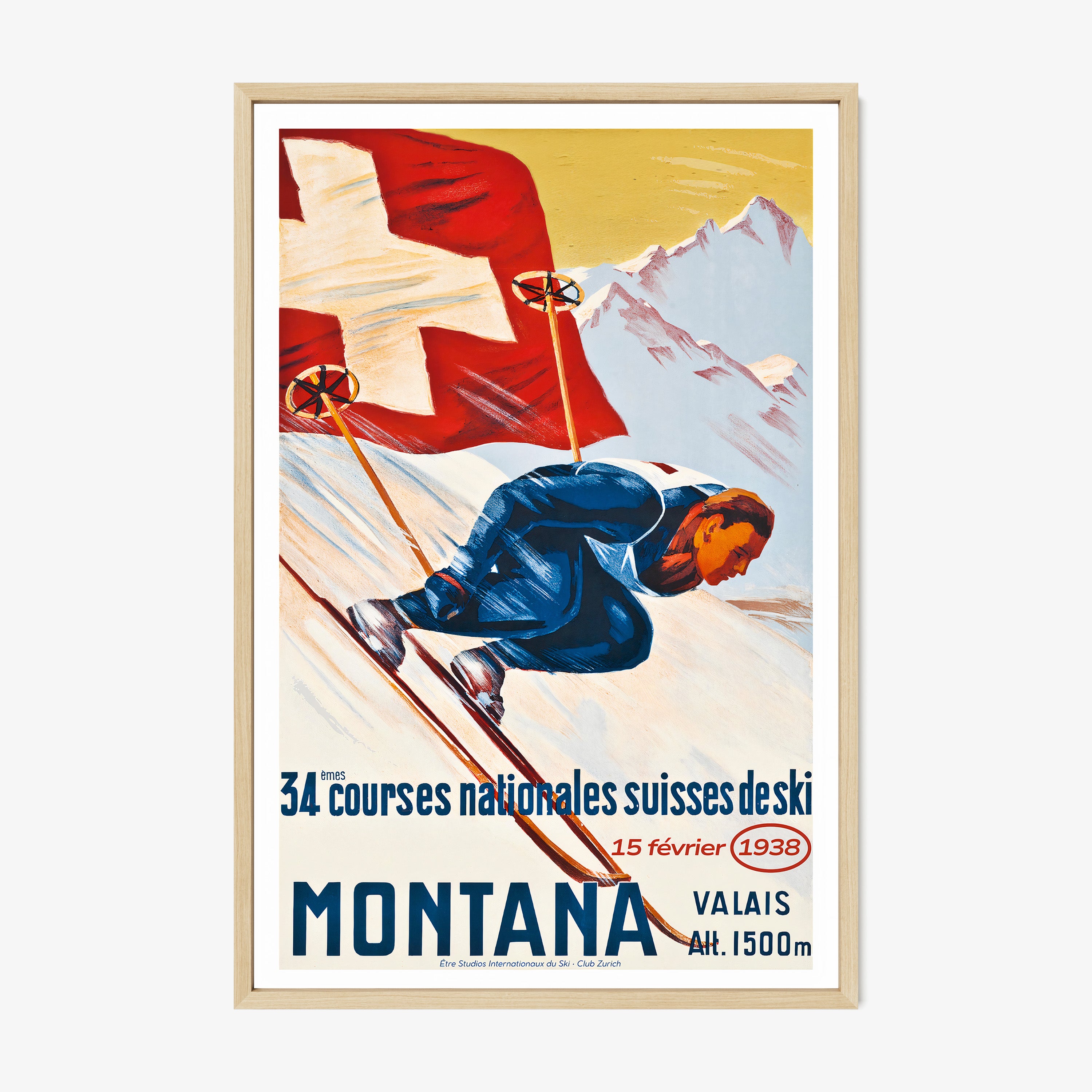 Vintage-style poster with skier and Swiss flag, featuring text about ski races in Montana, Valais.