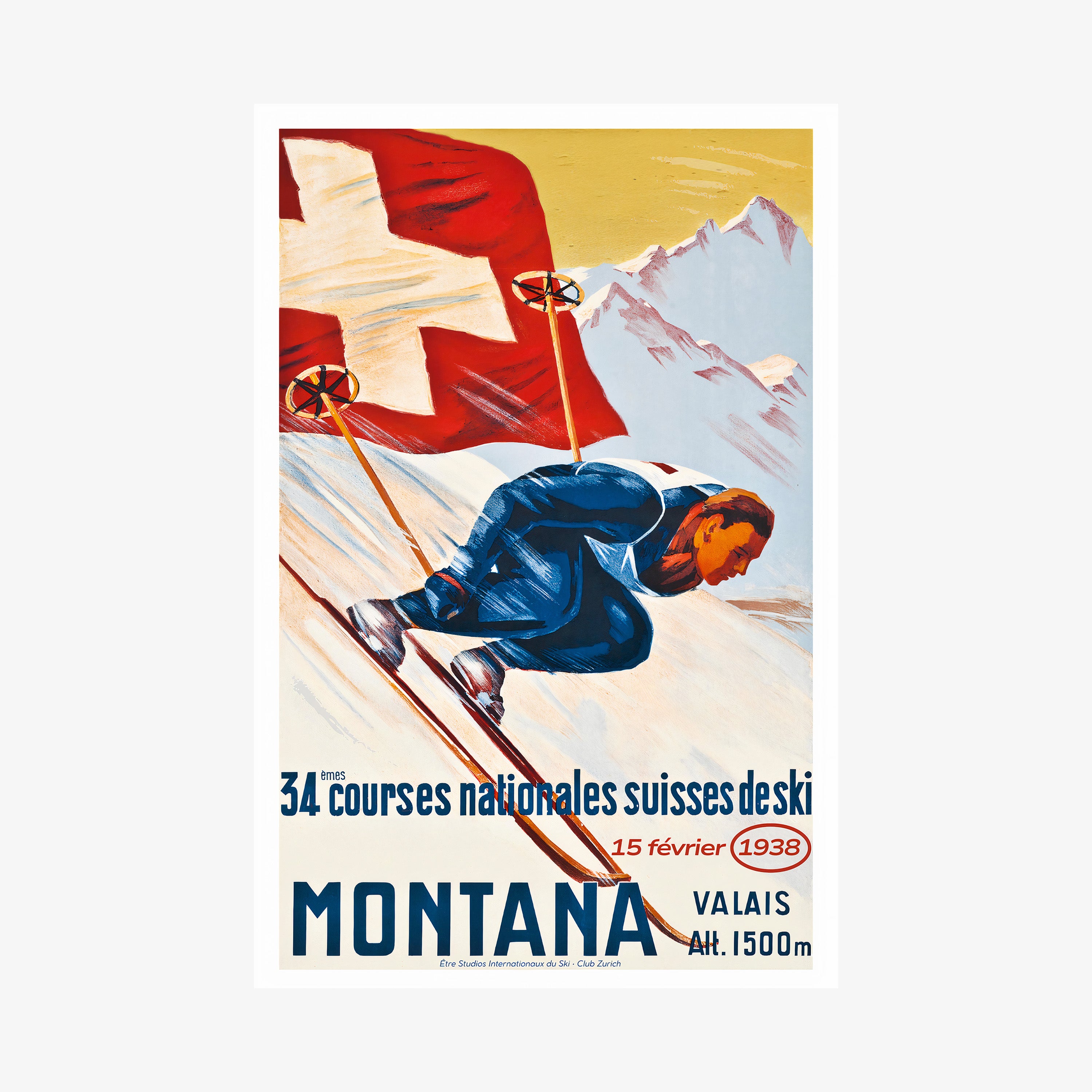Vintage-style poster with skier and Swiss flag, featuring text about ski races in Montana, Valais.