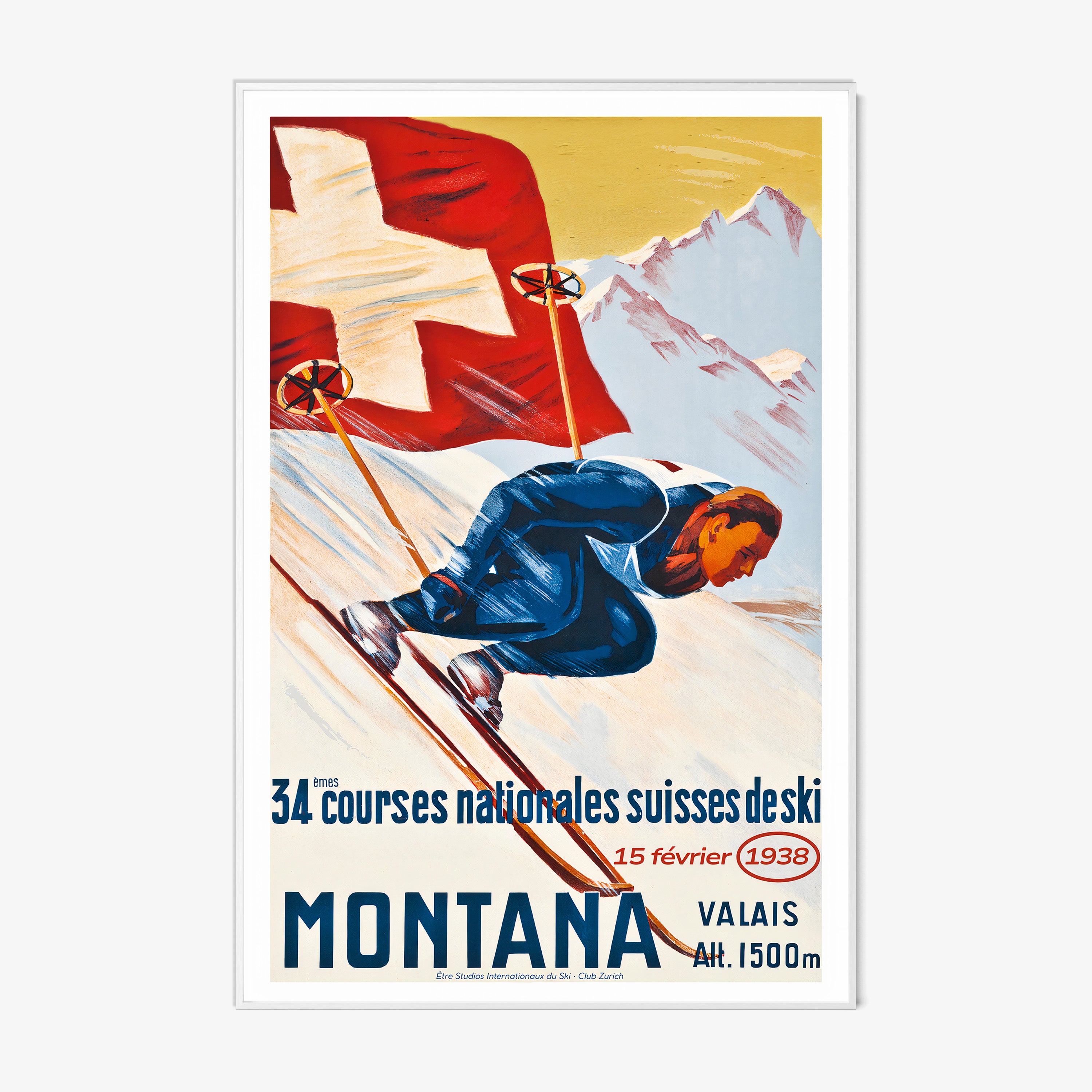Vintage-style poster with skier and Swiss flag, featuring text about ski races in Montana, Valais.