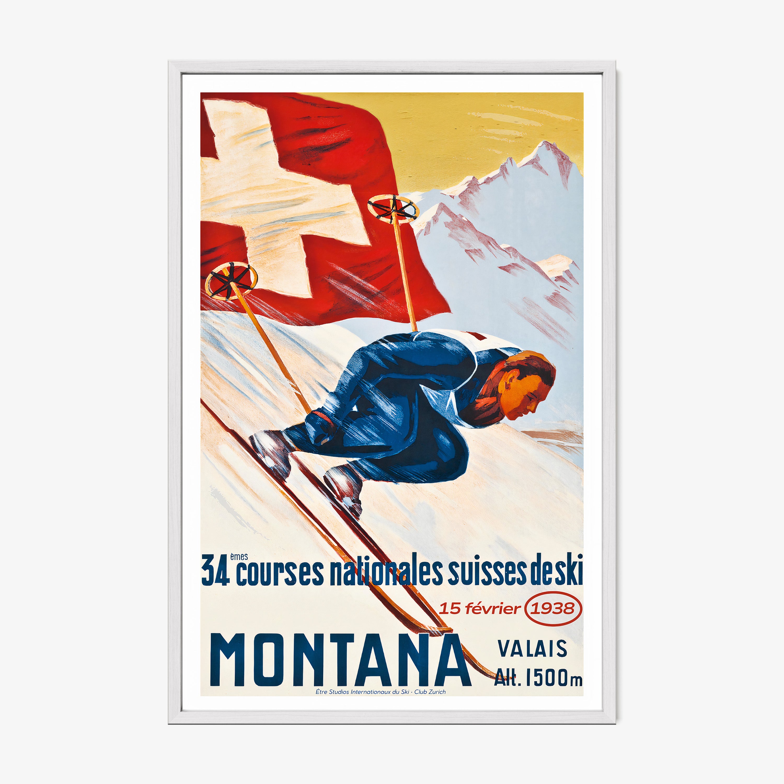 Vintage-style poster with skier and Swiss flag, featuring text about ski races in Montana, Valais.