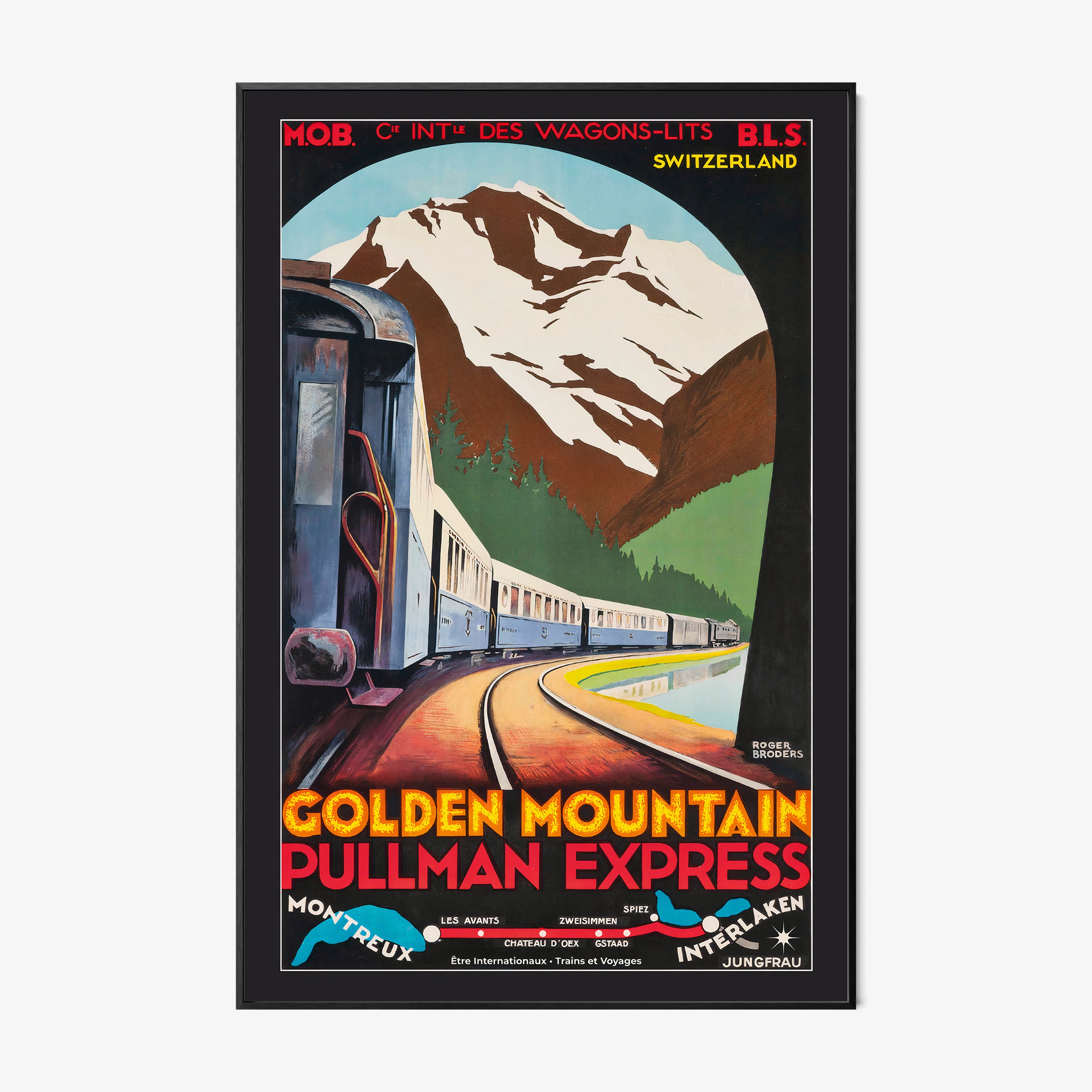 Framed poster that features a blue train winding through a valley with snow capped mountains in the backdrop and the text "Golden Mountain Pullman Express" at the bottom hanging on a light background