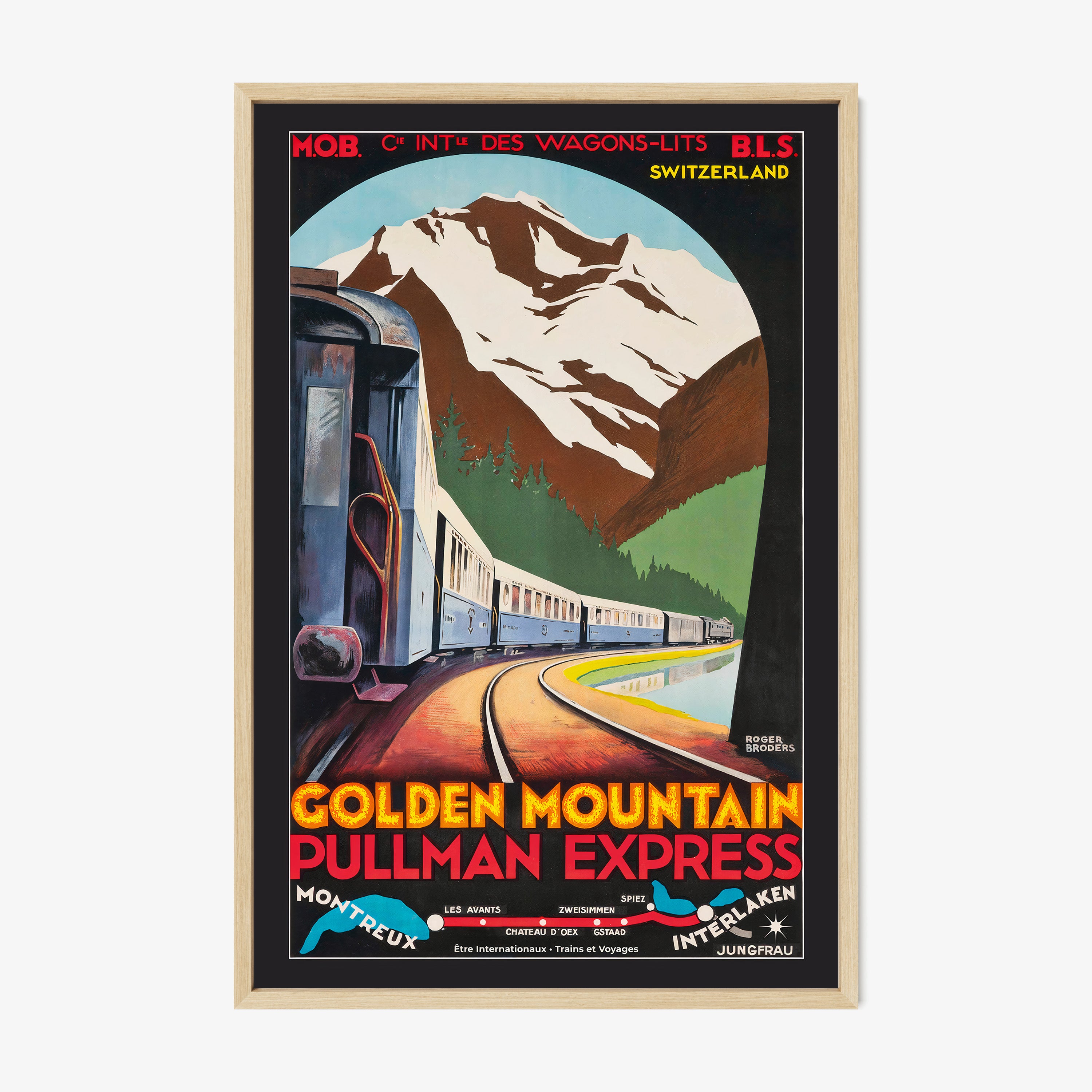 Framed poster that features a blue train winding through a valley with snow capped mountains in the backdrop and the text "Golden Mountain Pullman Express" at the bottom hanging on a light background