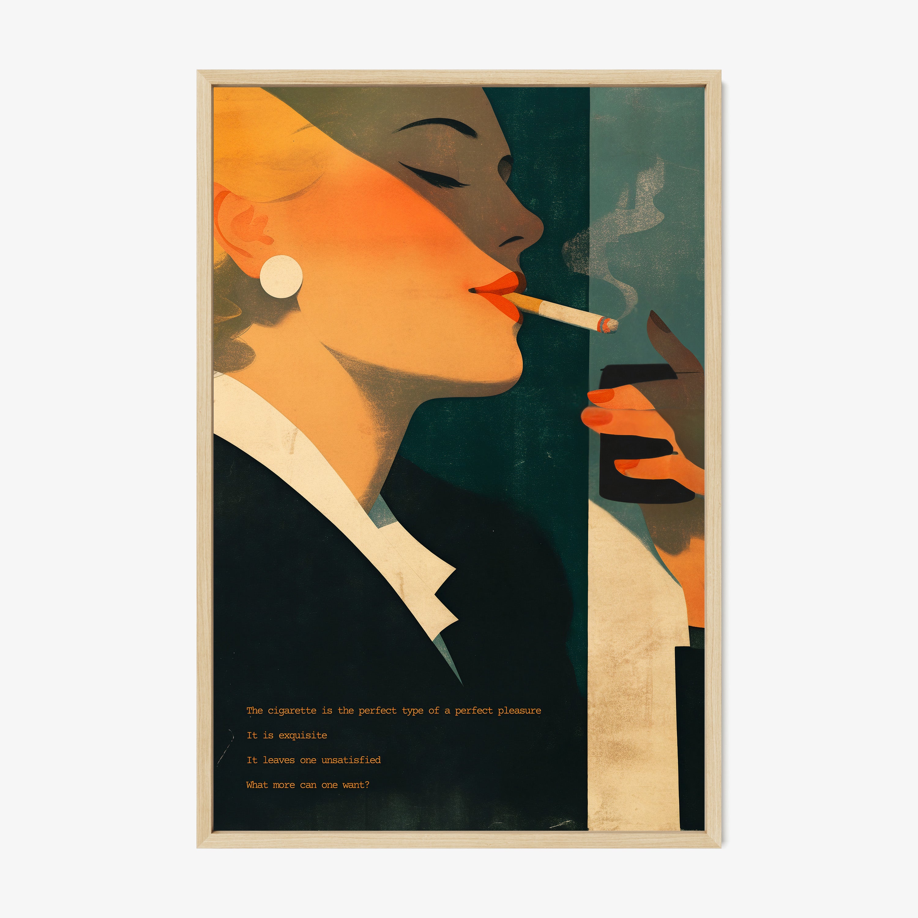 Framed Poster of a woman smoking a cigarette hanging on a light background