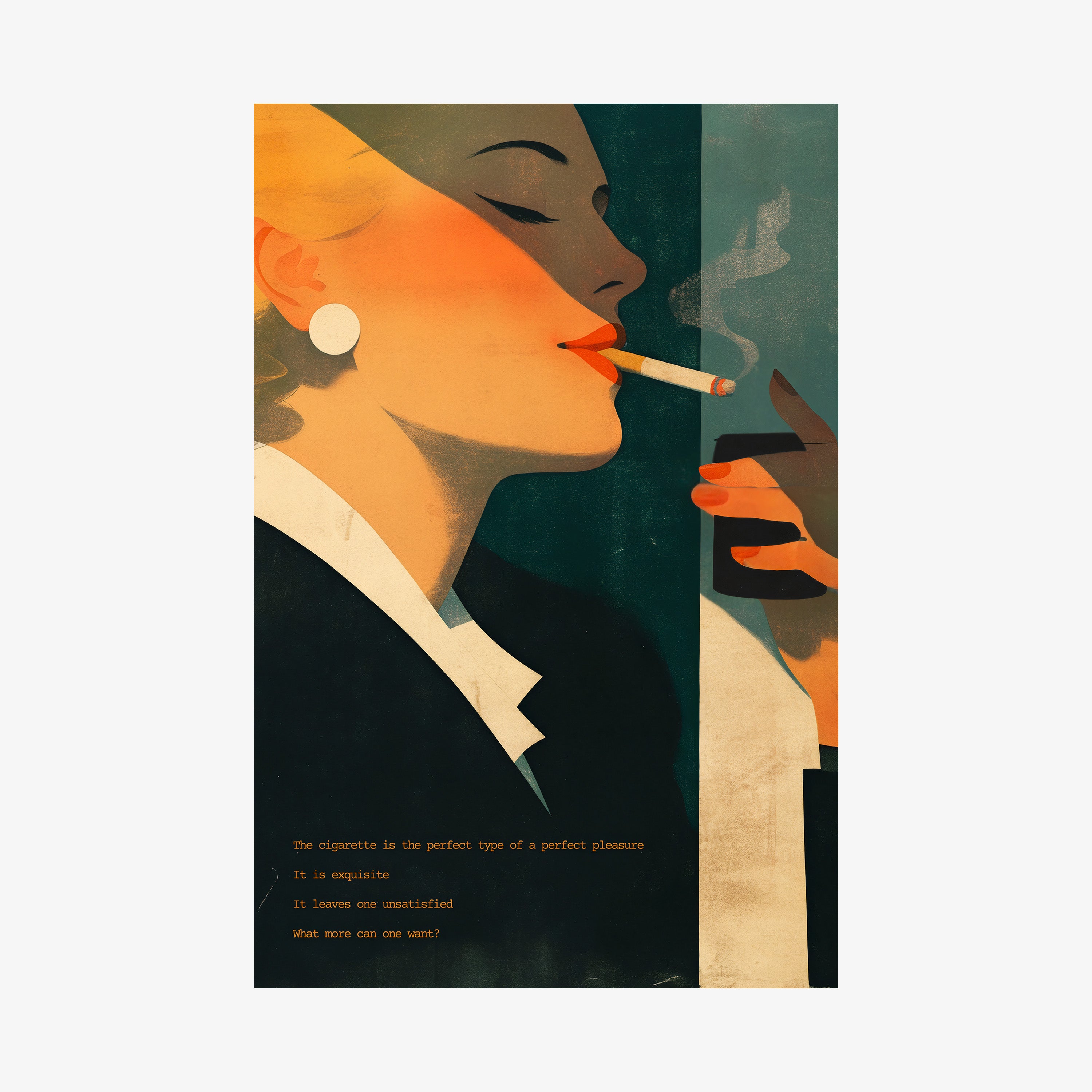 Poster of a woman smoking a cigarette hanging on a light background