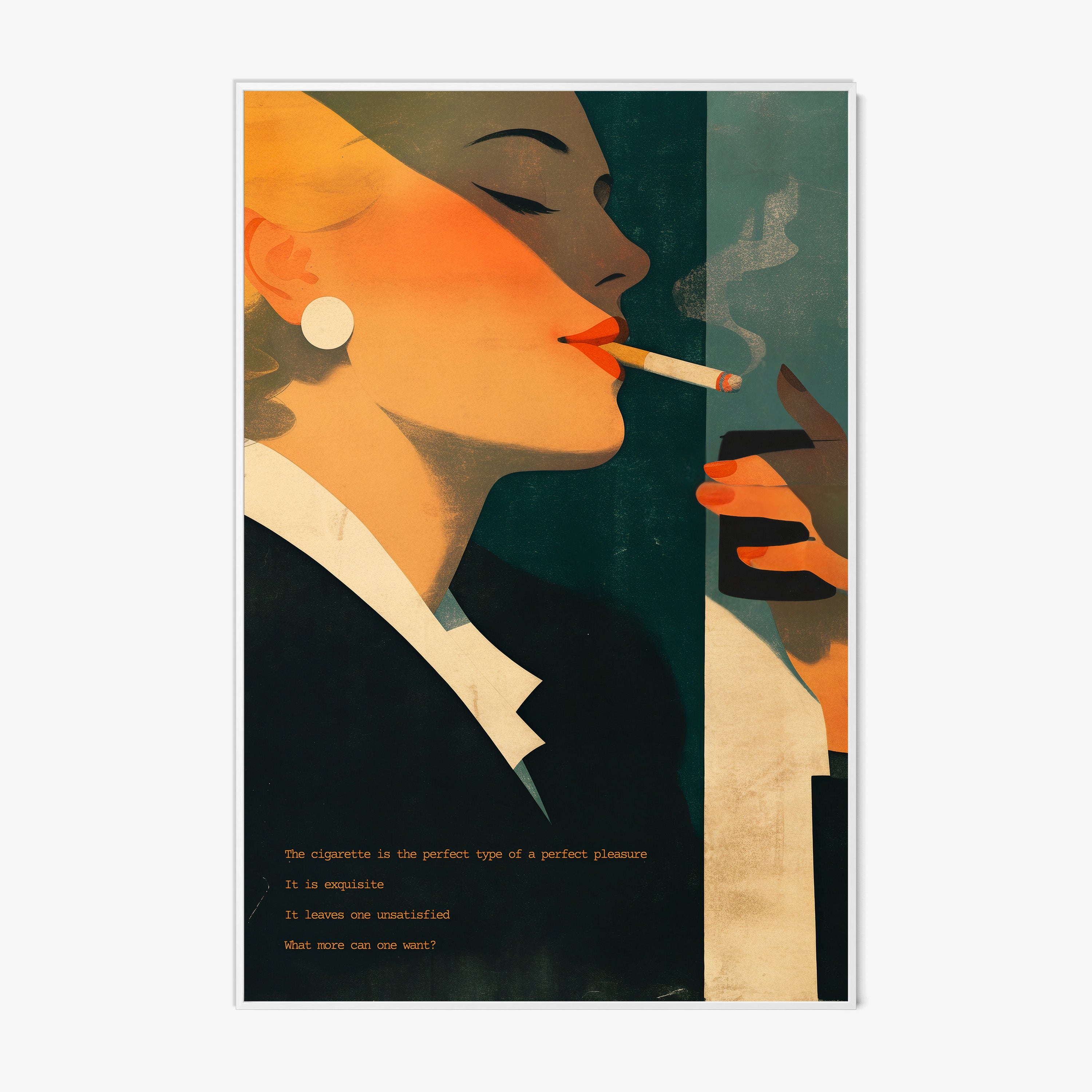 Framed Poster of a woman smoking a cigarette hanging on a light background