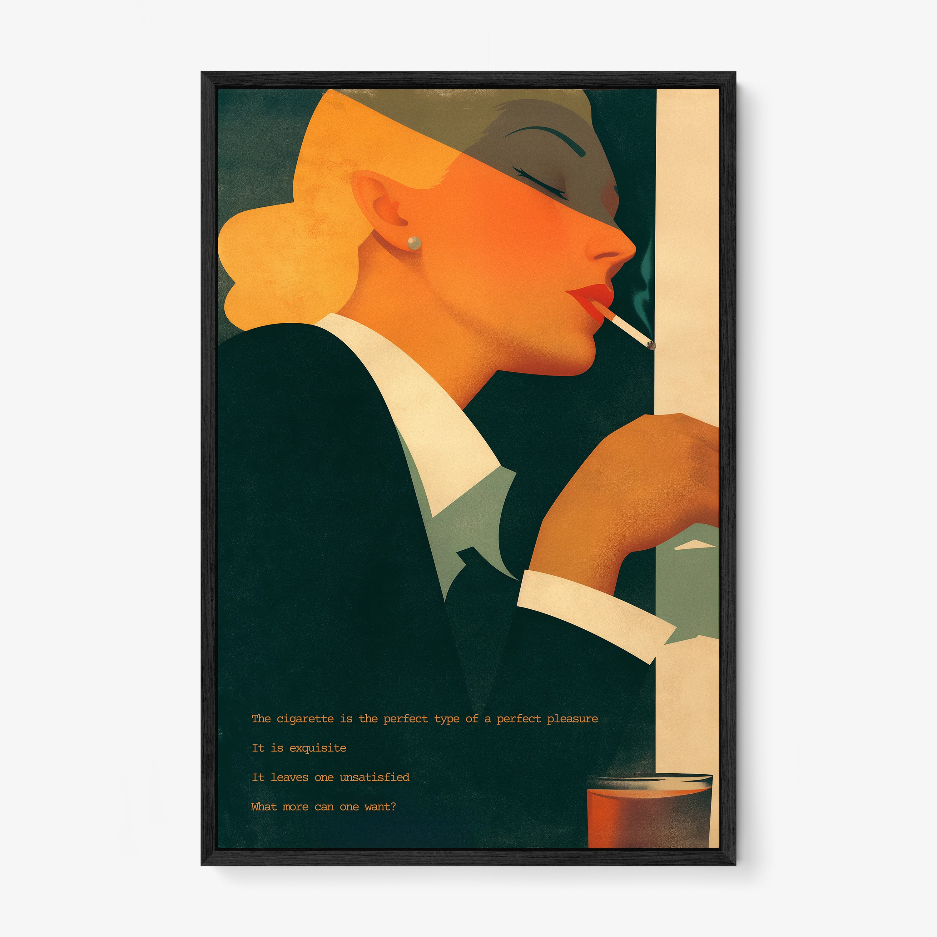 Framed poster of a woman smoking a cigarette hanging on a light background