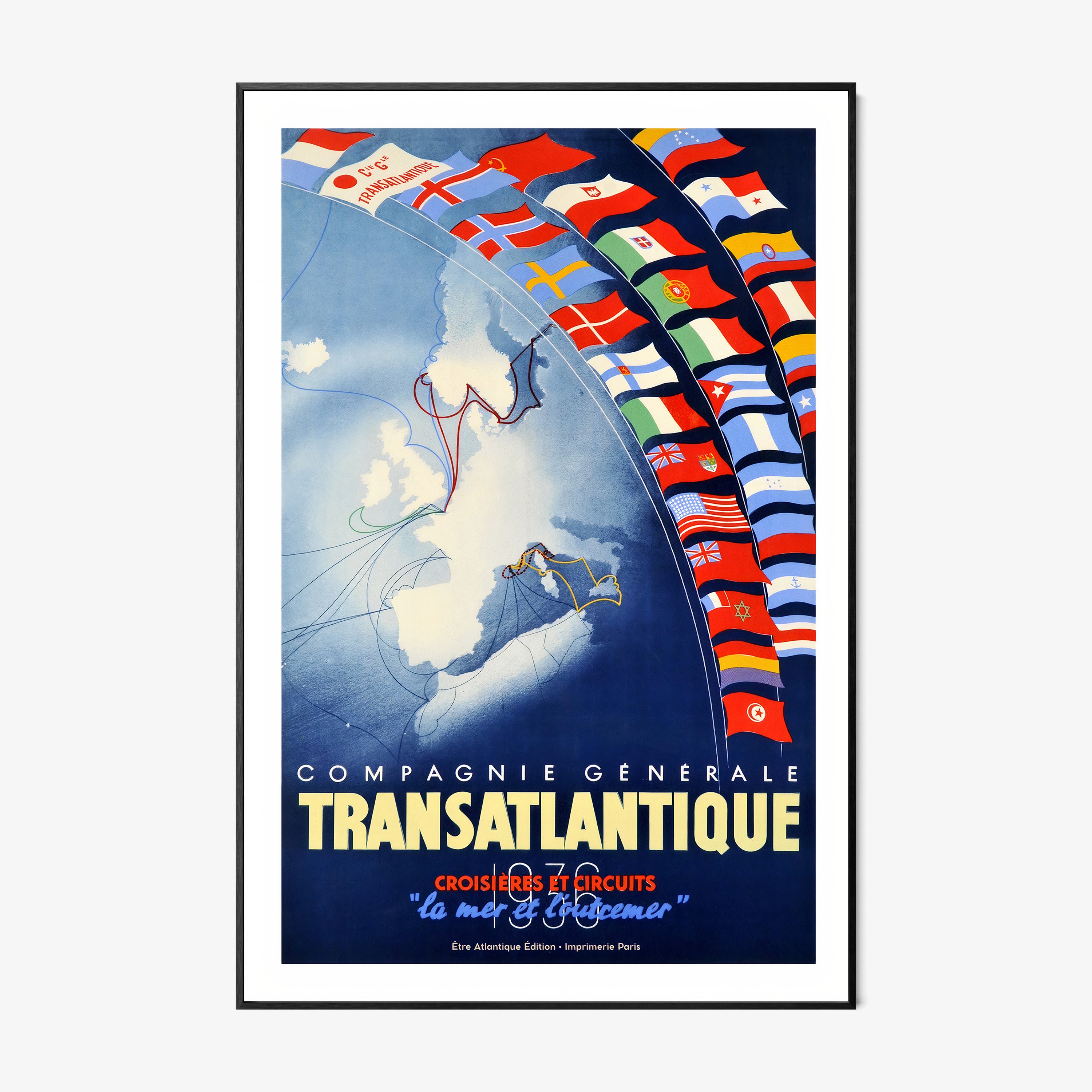 Framed "Transatlantic Cruise" poster featuring many different countries flags