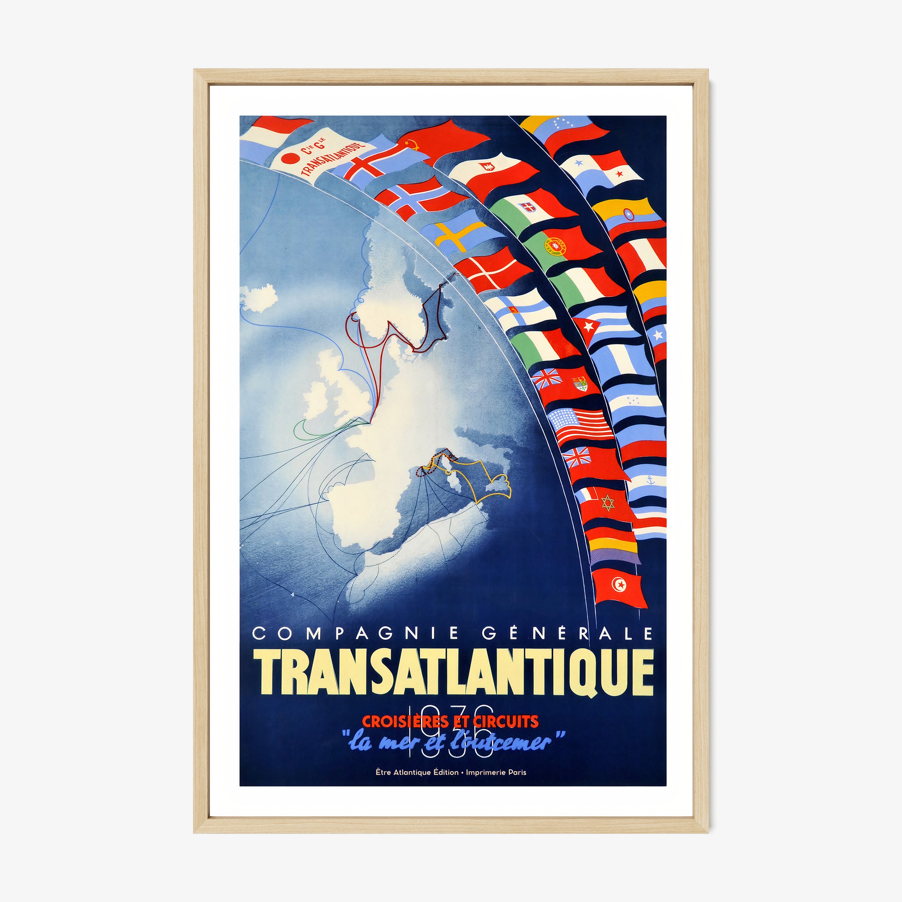 Framed "Transatlantic Cruise" poster featuring many different countries flags