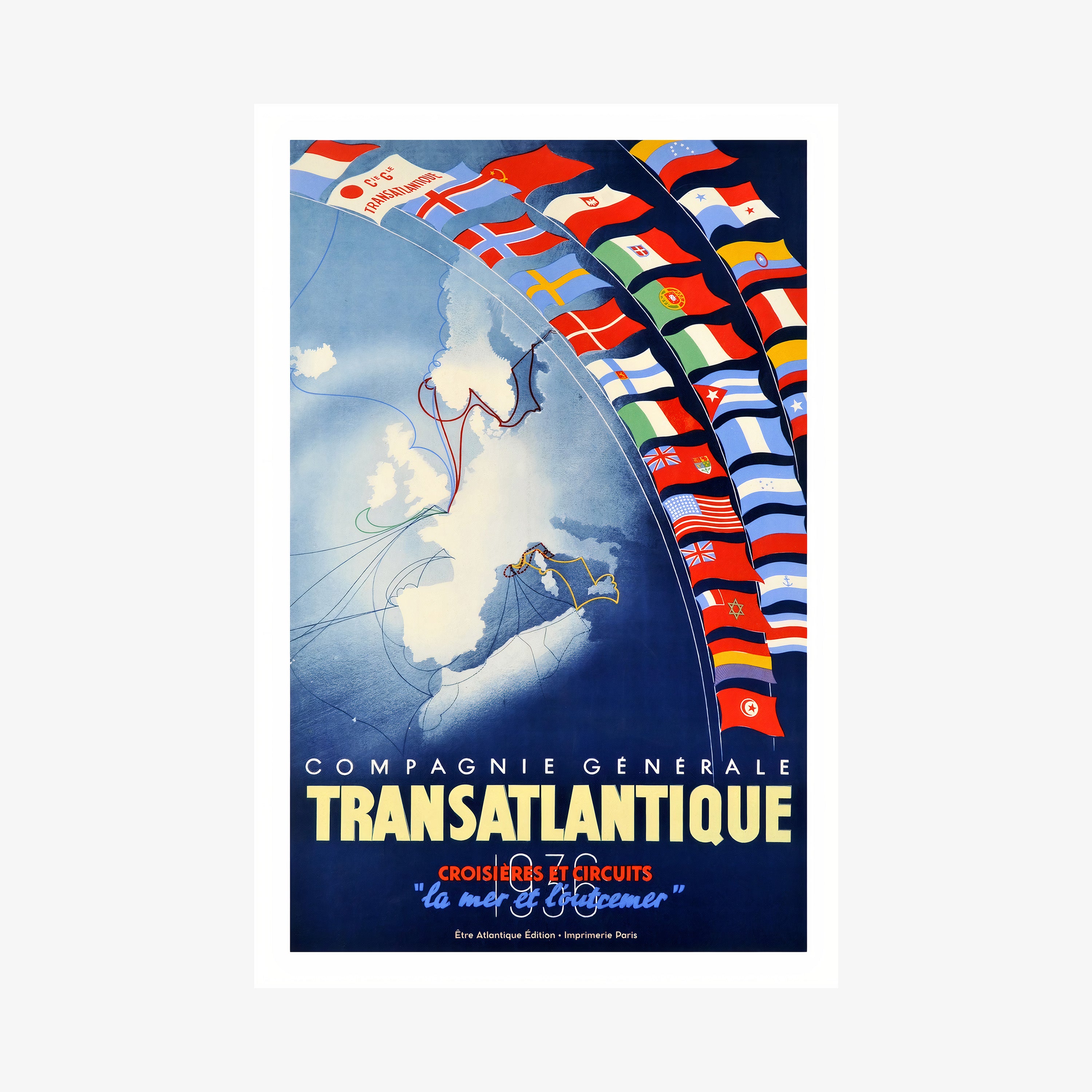 "Transatlantic Cruise" poster featuring many different countries flags