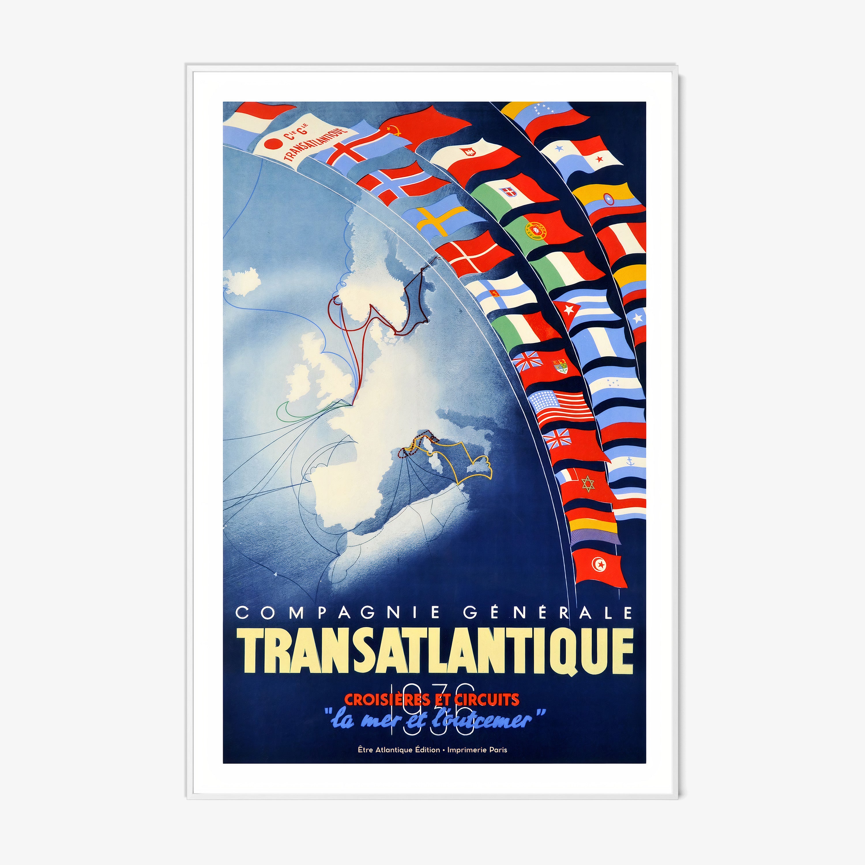 Framed "Transatlantic Cruise" poster featuring many different countries flags