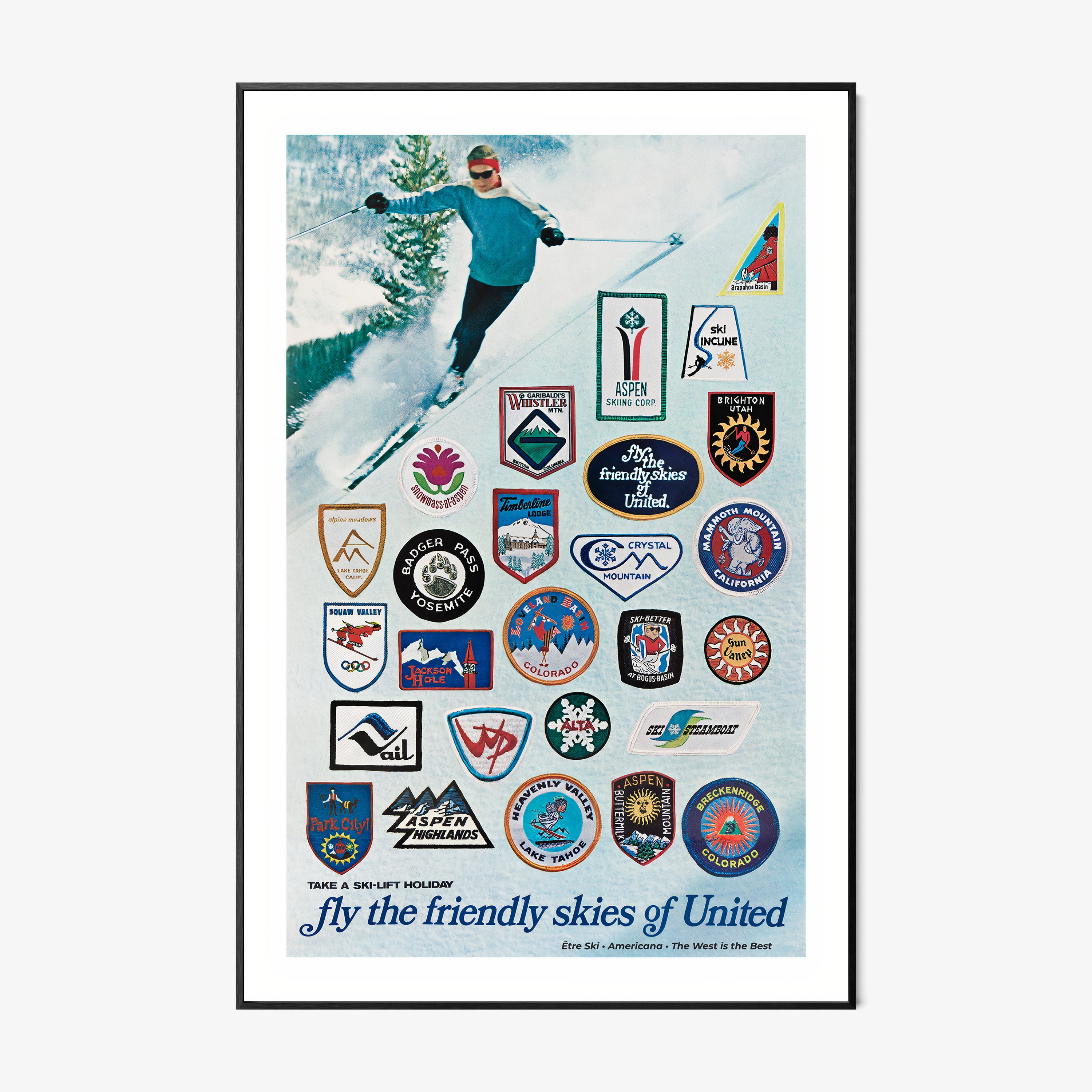 Vintage style framed poster of ski areas in the United States hanging on a light background
