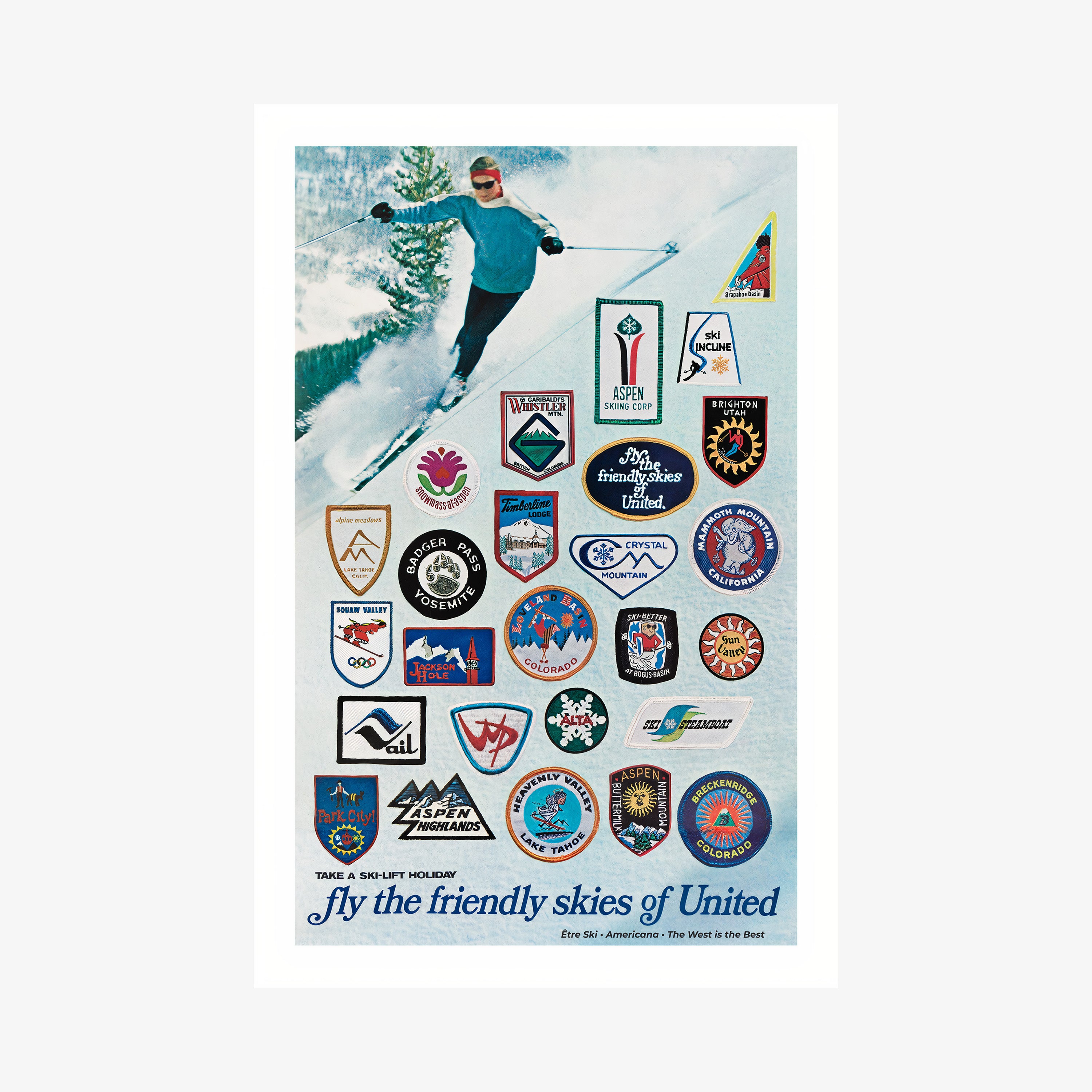 Vintage style framed poster of ski areas in the United States hanging on a light background