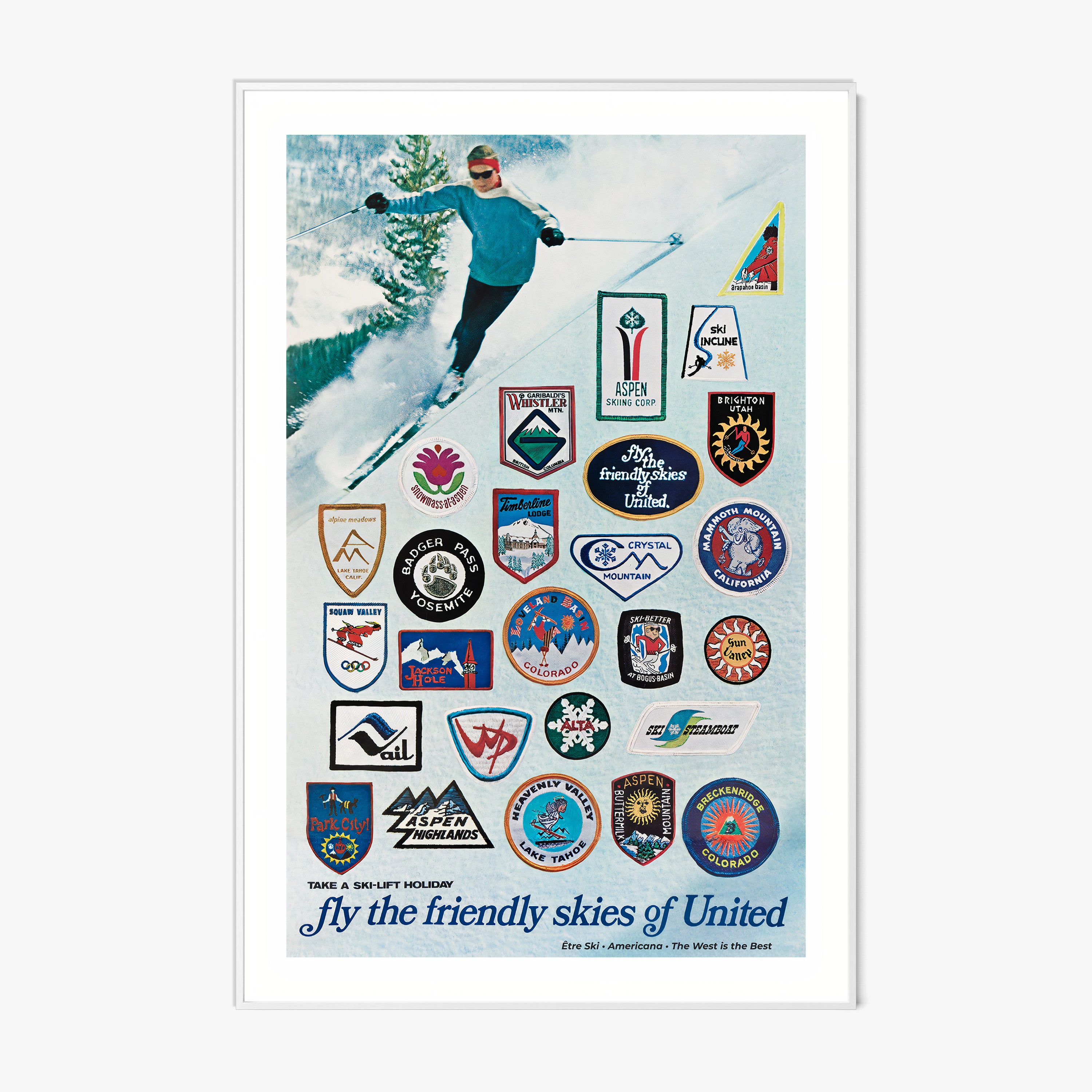 Vintage style framed poster of ski areas in the United States hanging on a light background
