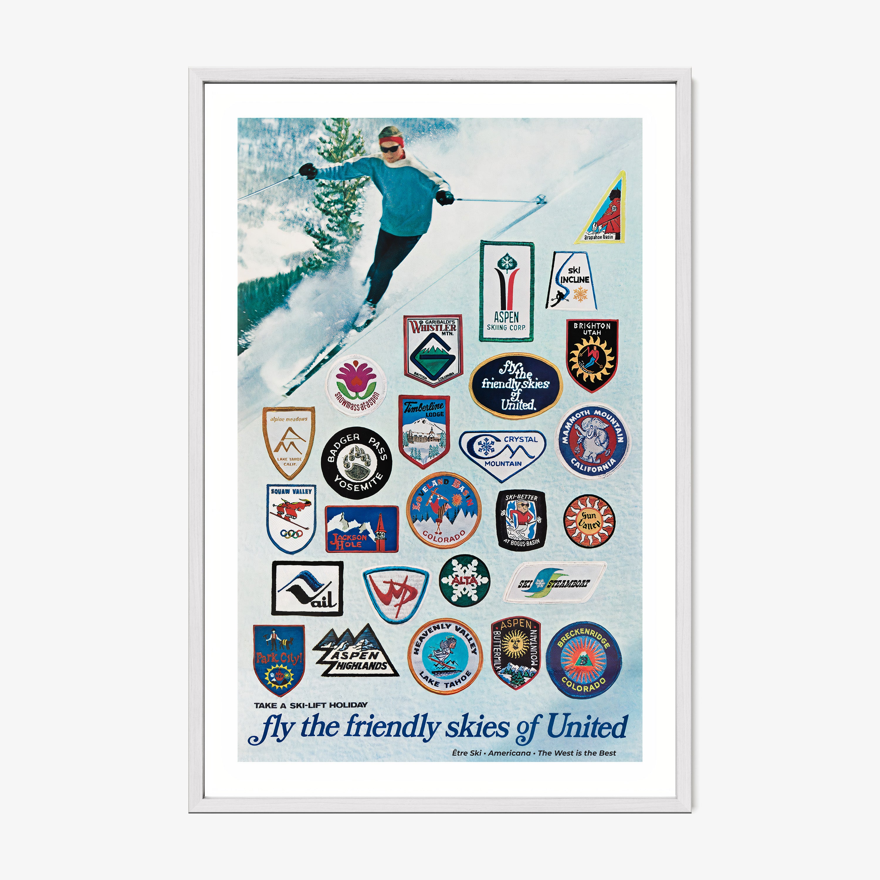 Vintage style framed poster of ski areas in the United States hanging on a light background