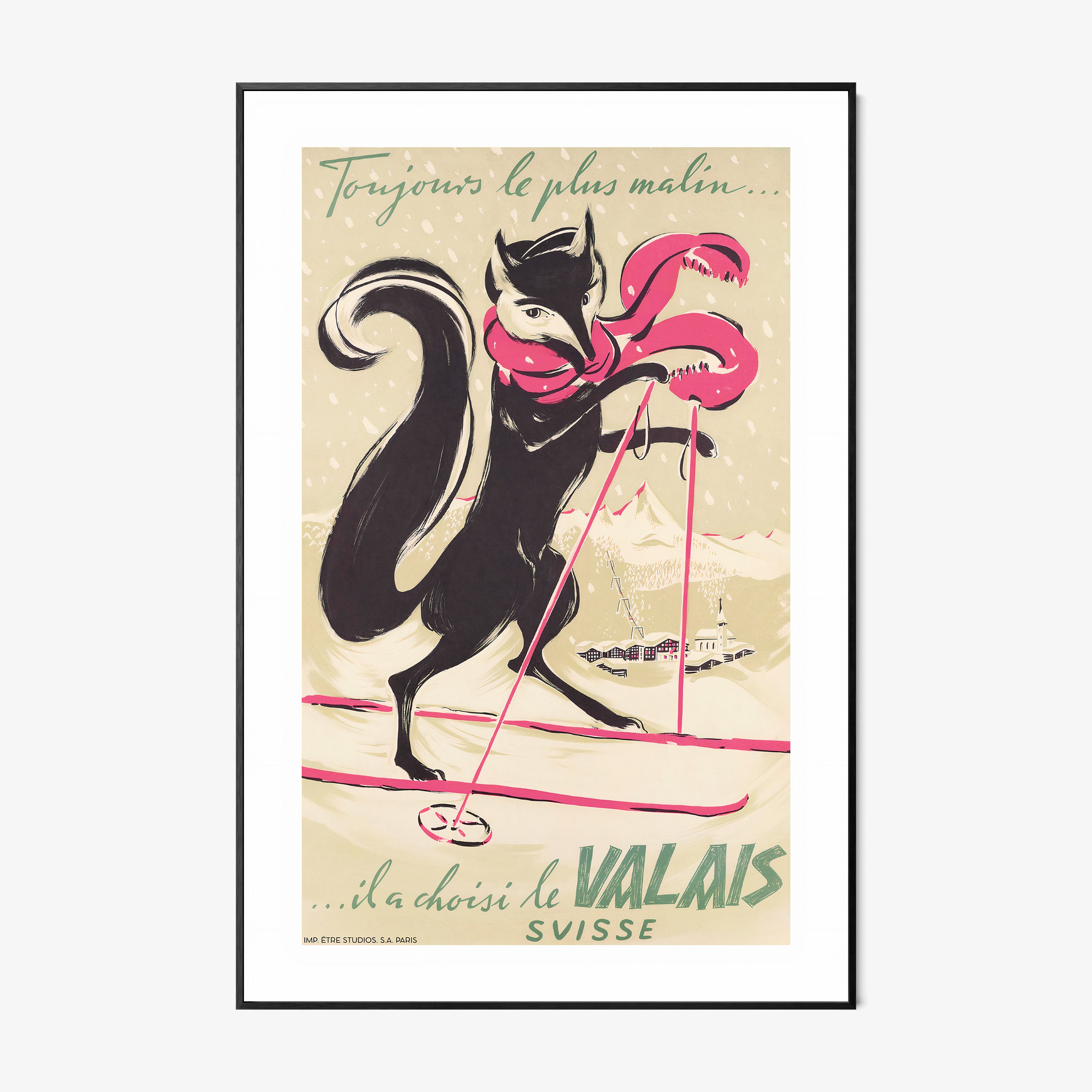 Framed poster of a fox on a pair of skis hanging on a light background