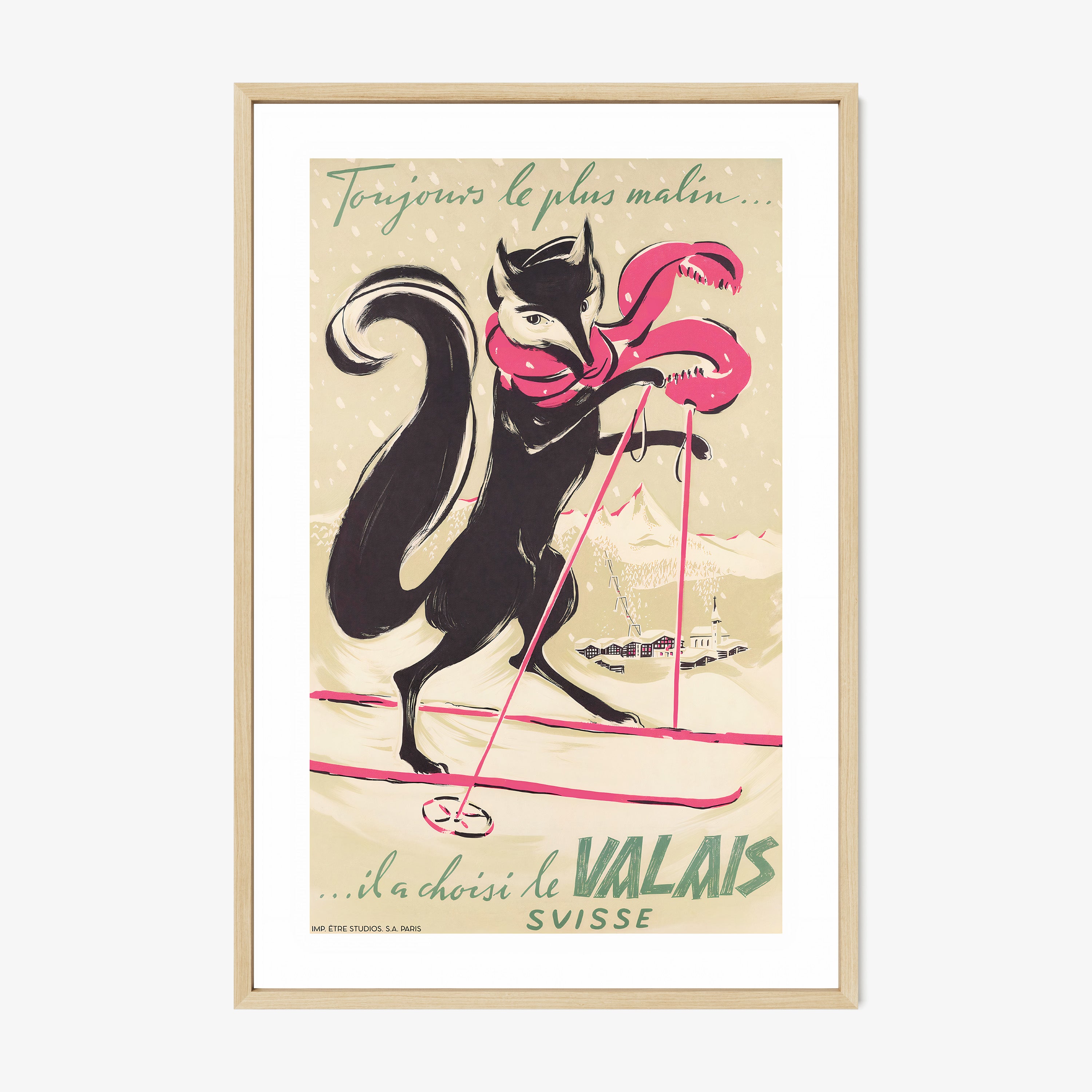 Framed poster of a fox on a pair of skis hanging on a light background