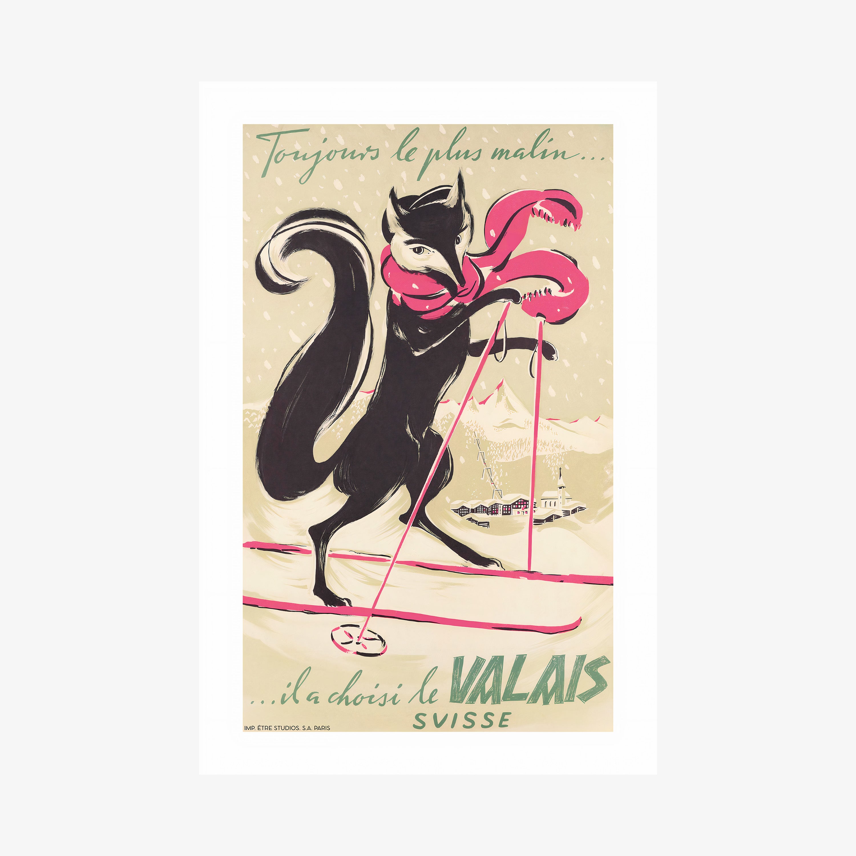Poster of a fox on a pair of skis hanging on a light background