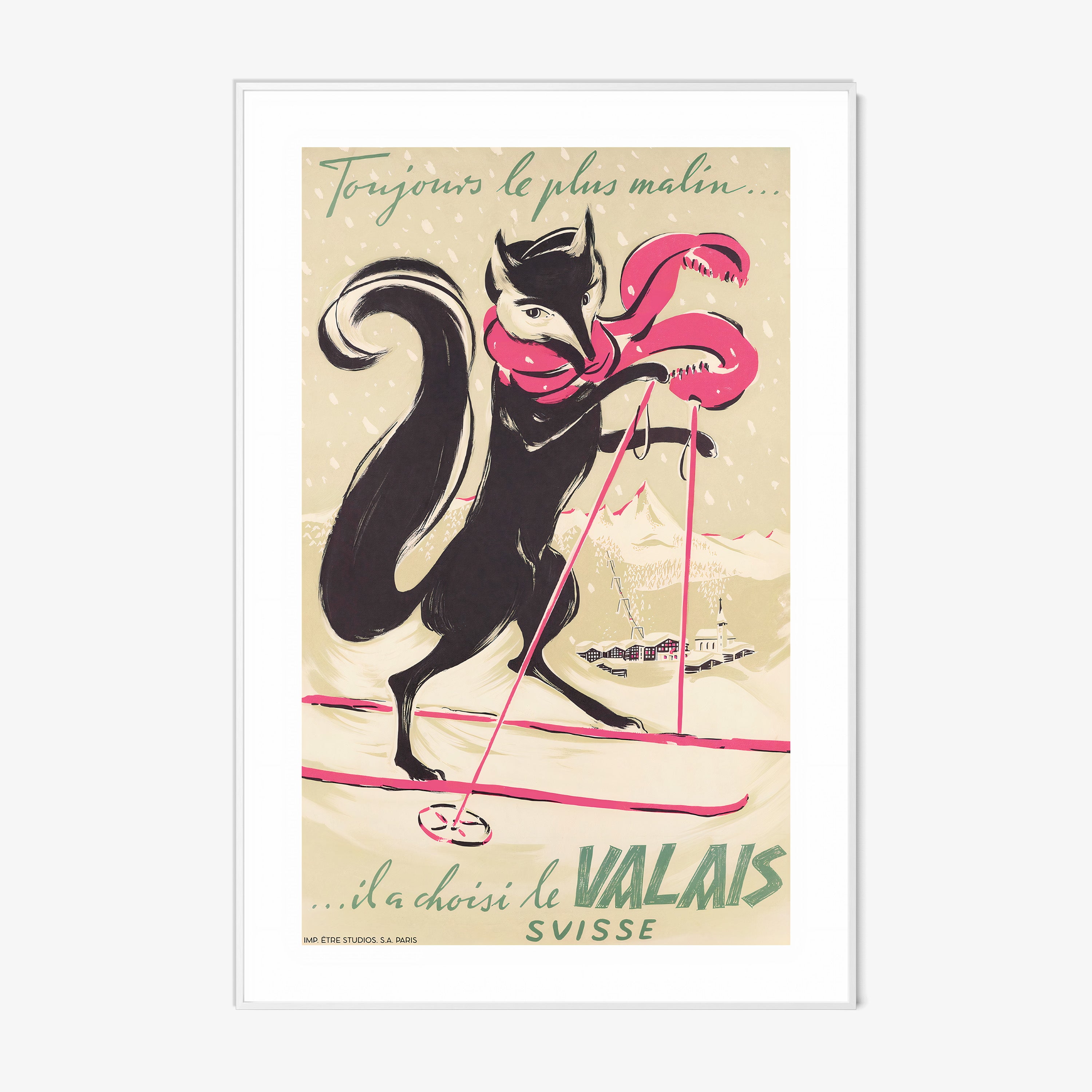 Framed poster of a fox on a pair of skis hanging on a light background
