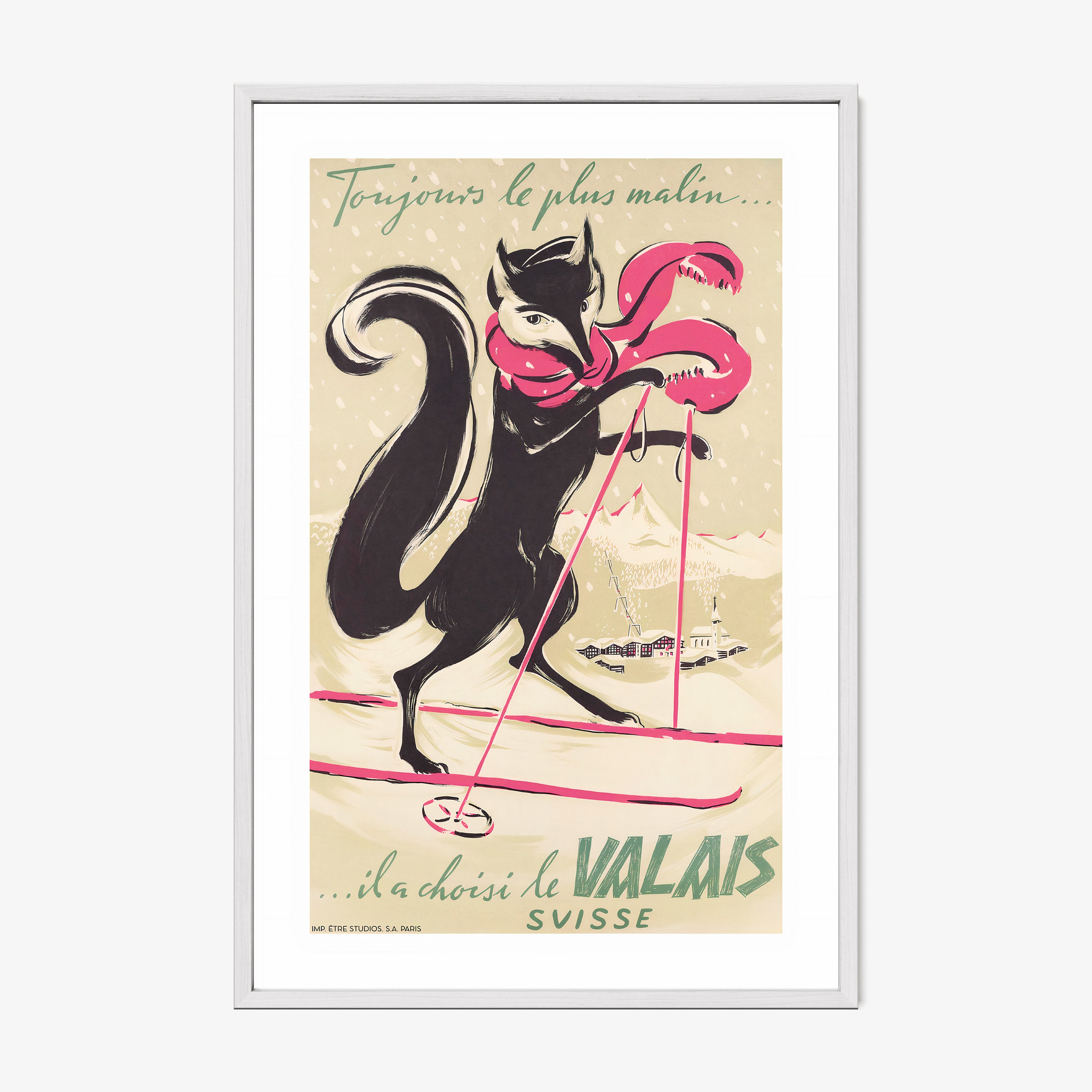 Framed poster of a fox on a pair of skis hanging on a light background