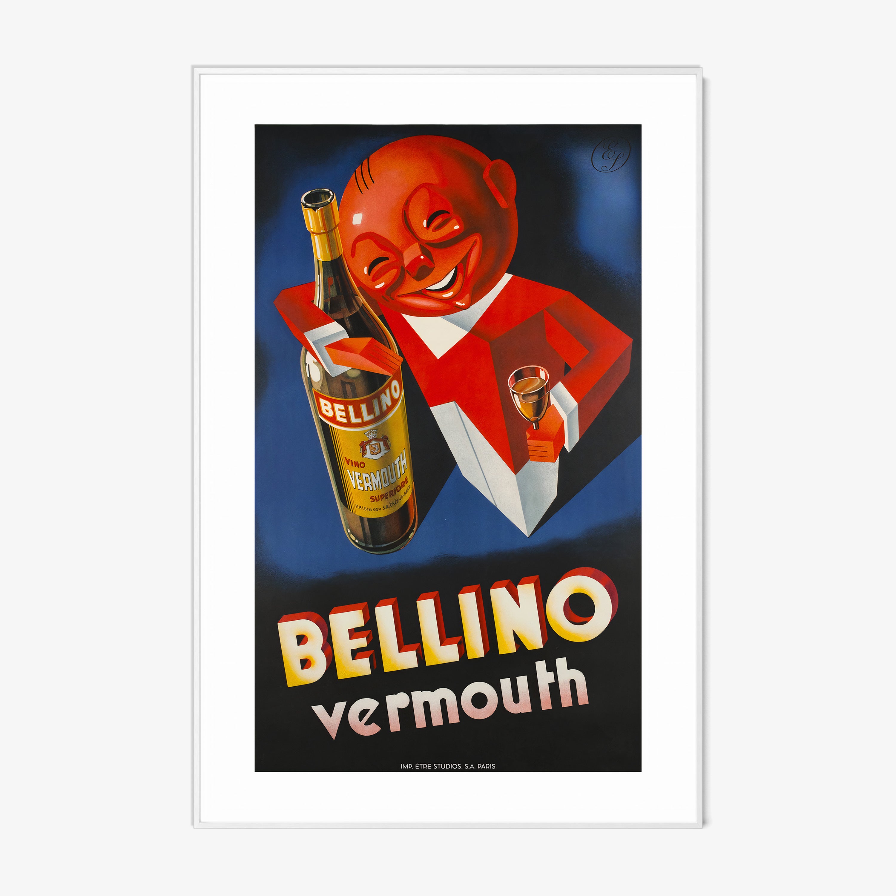 A framed poster features an advertisement for Bellino Vermouth