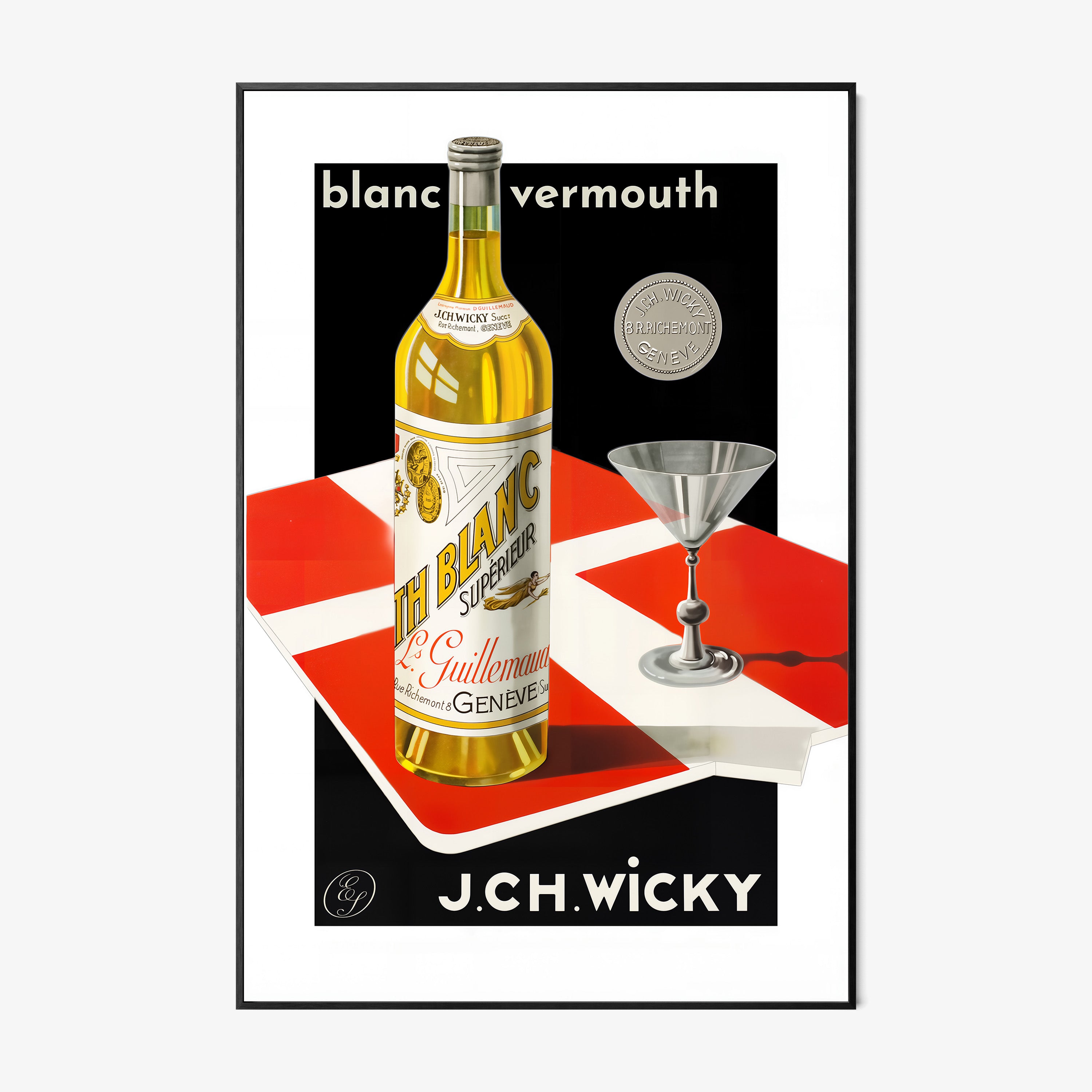 A framed poster features a bottle of vermouth and a cocktail glass in a bold graphic style