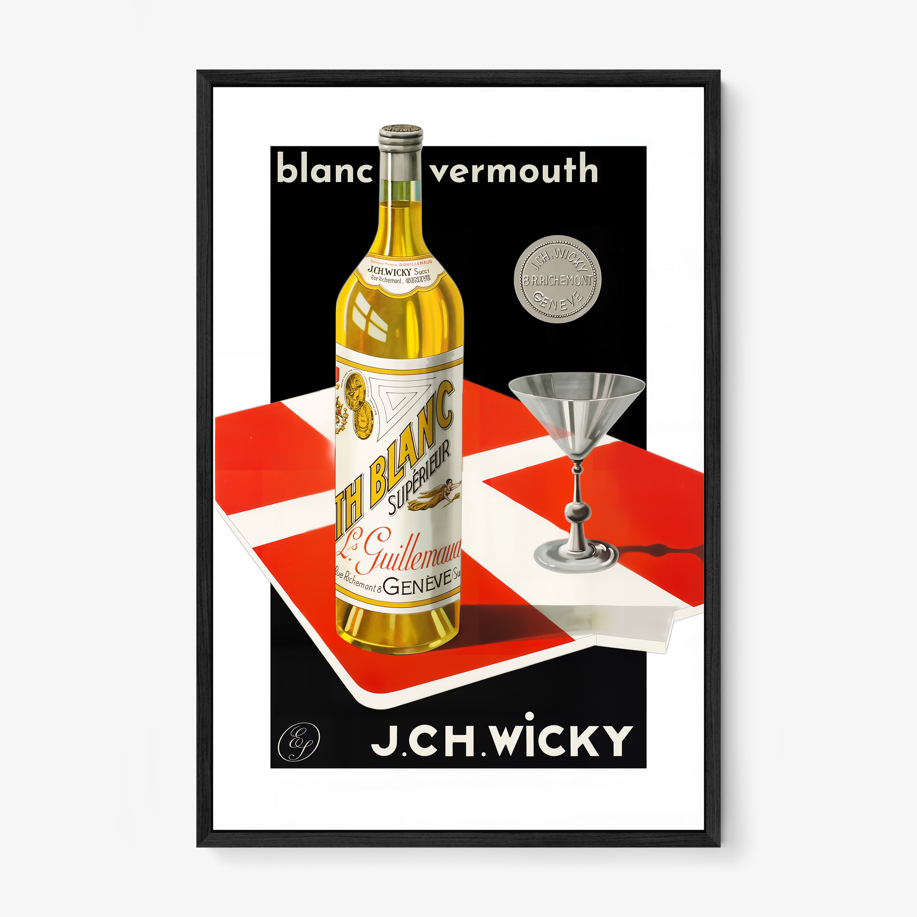 A framed poster features a bottle of vermouth and a cocktail glass in a bold graphic style