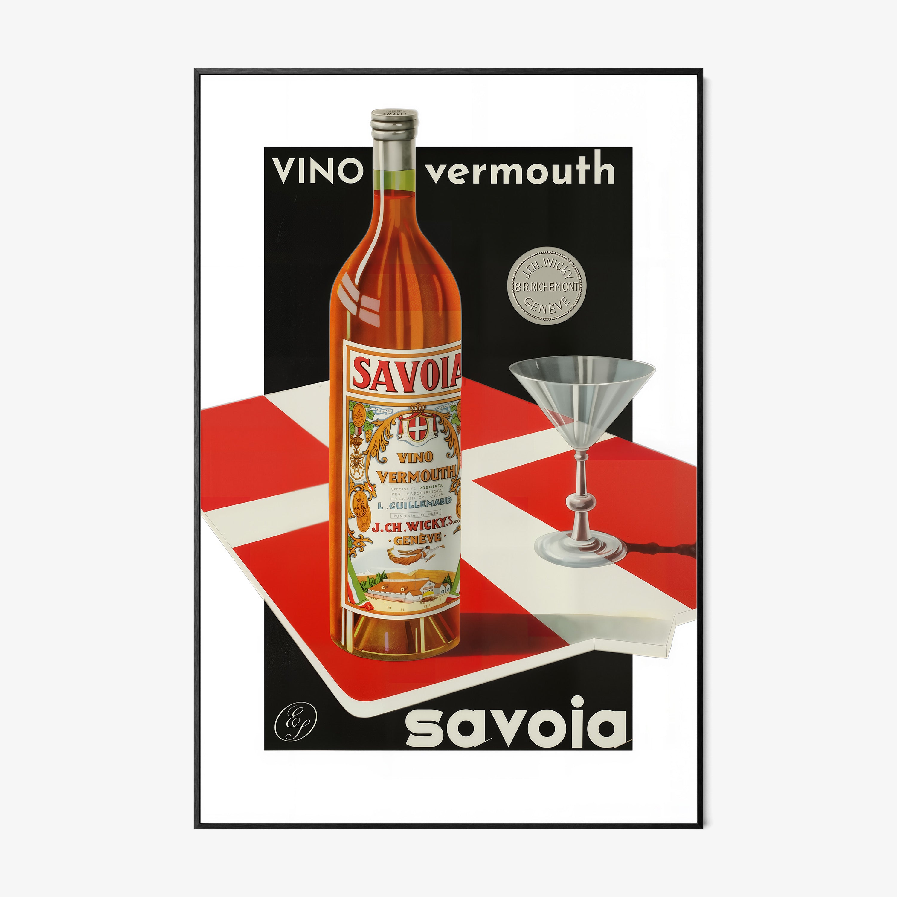 A framed poster features a bottle of vermouth and a cocktail glass in a bold graphic style.