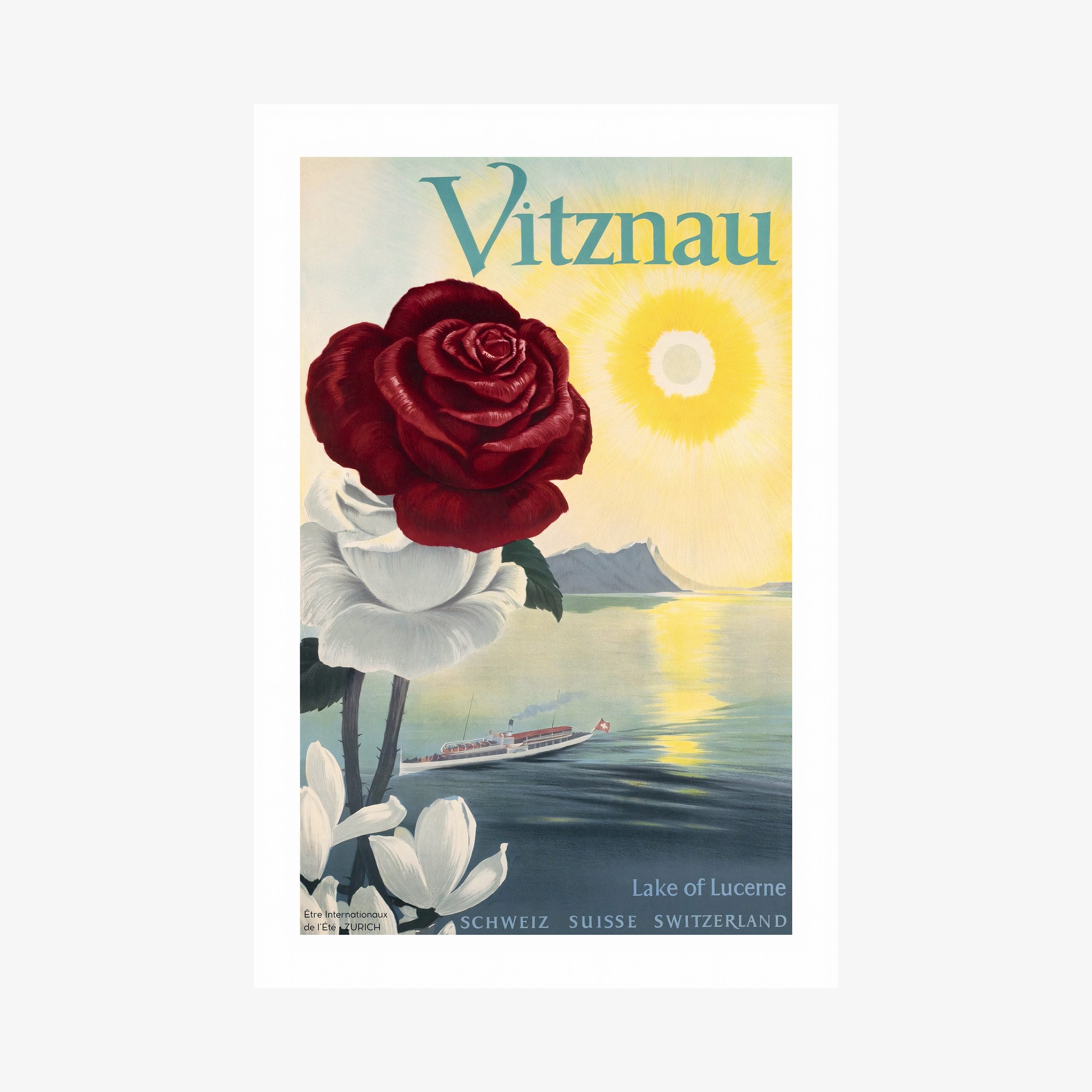Poster of a large rose and an ocean background with the text "Vitznau" at the top hanging on a wall with a light background
