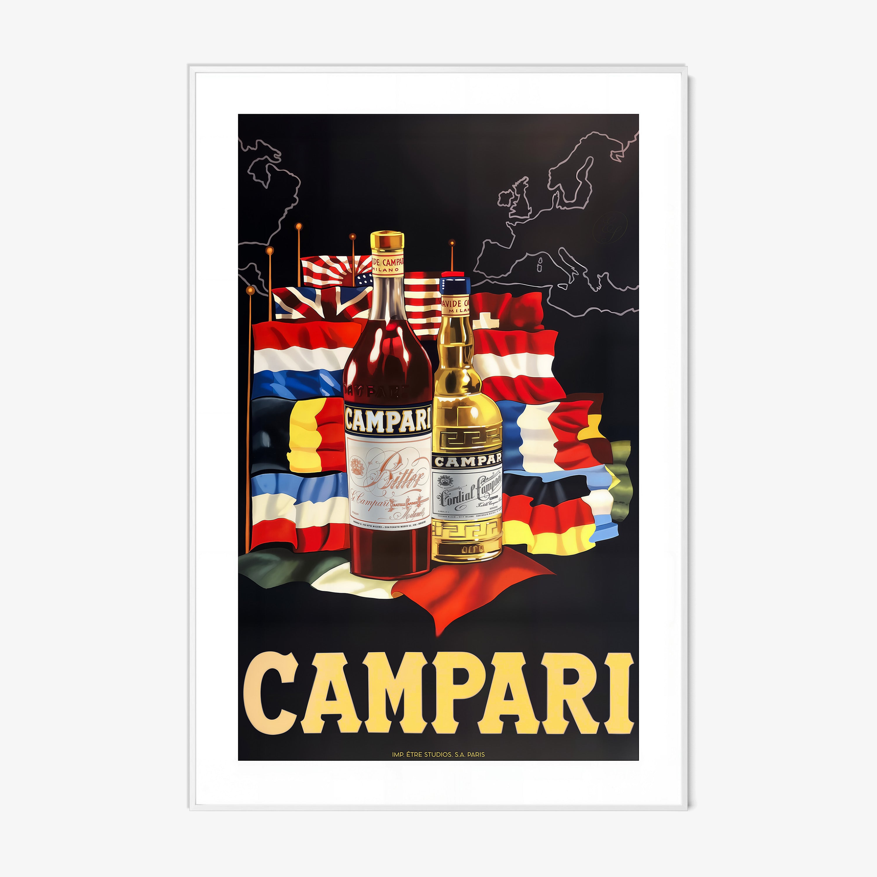 A framed poster features "Campari" bottles with various international flags in the background