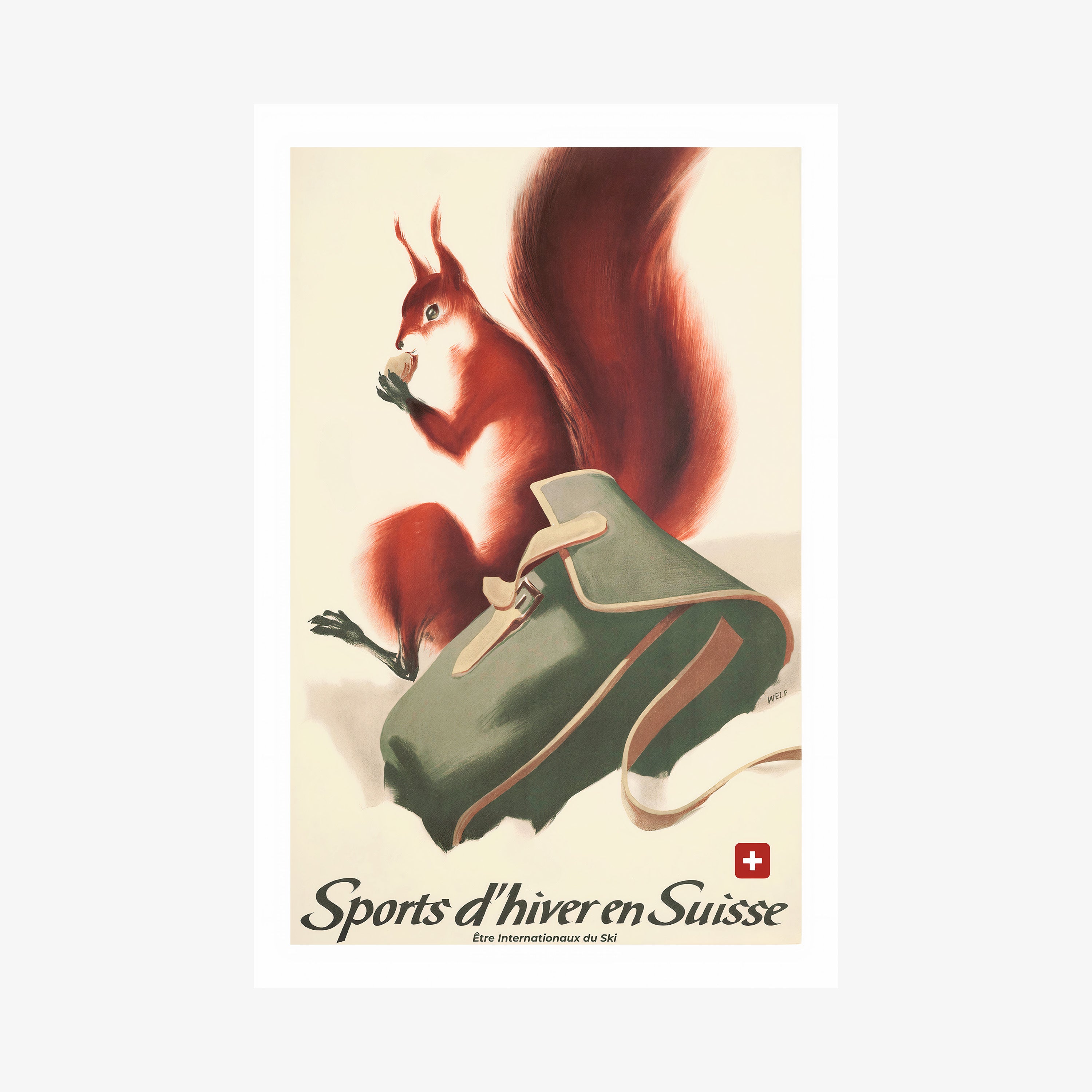Poster of a fox next to a backpack in the snow with the text "Sports d'hiver en Suisse" at the bottom hanging on a wall with a light backdrop