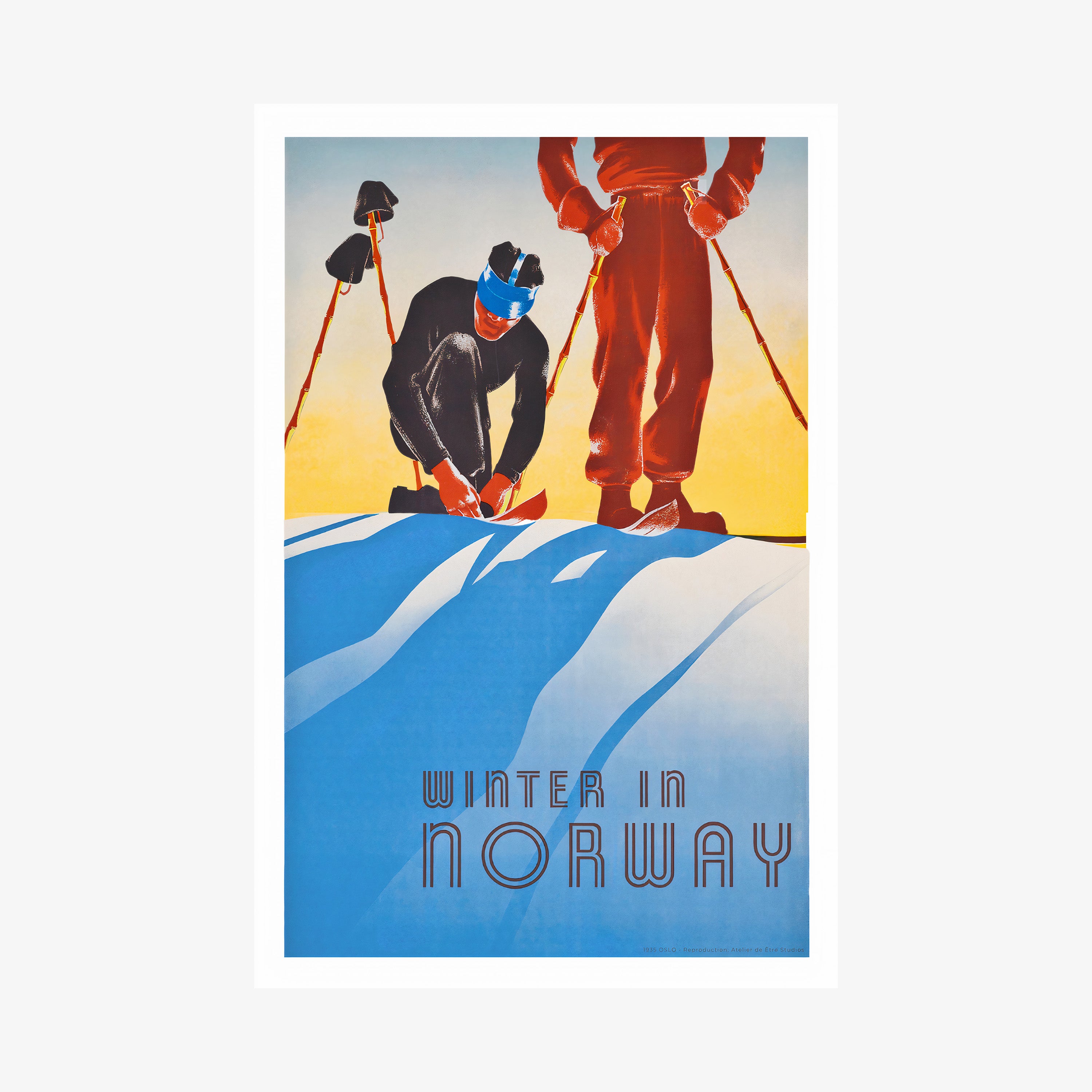 Framed poster featuring two stylized skiers adjusting their equipment against a serene blue and yellow snowy backdrop
