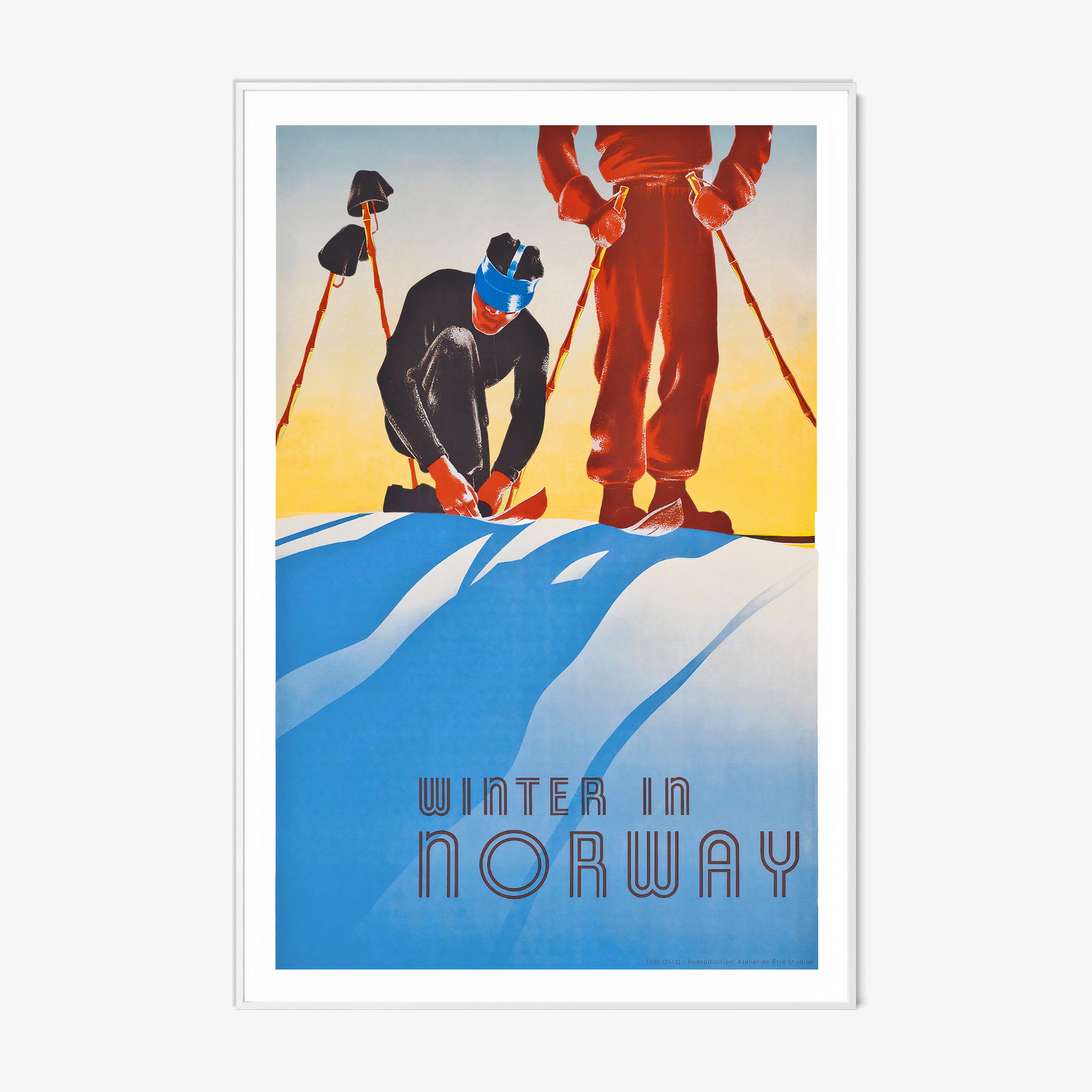 Framed poster featuring two stylized skiers adjusting their equipment against a serene blue and yellow snowy backdrop