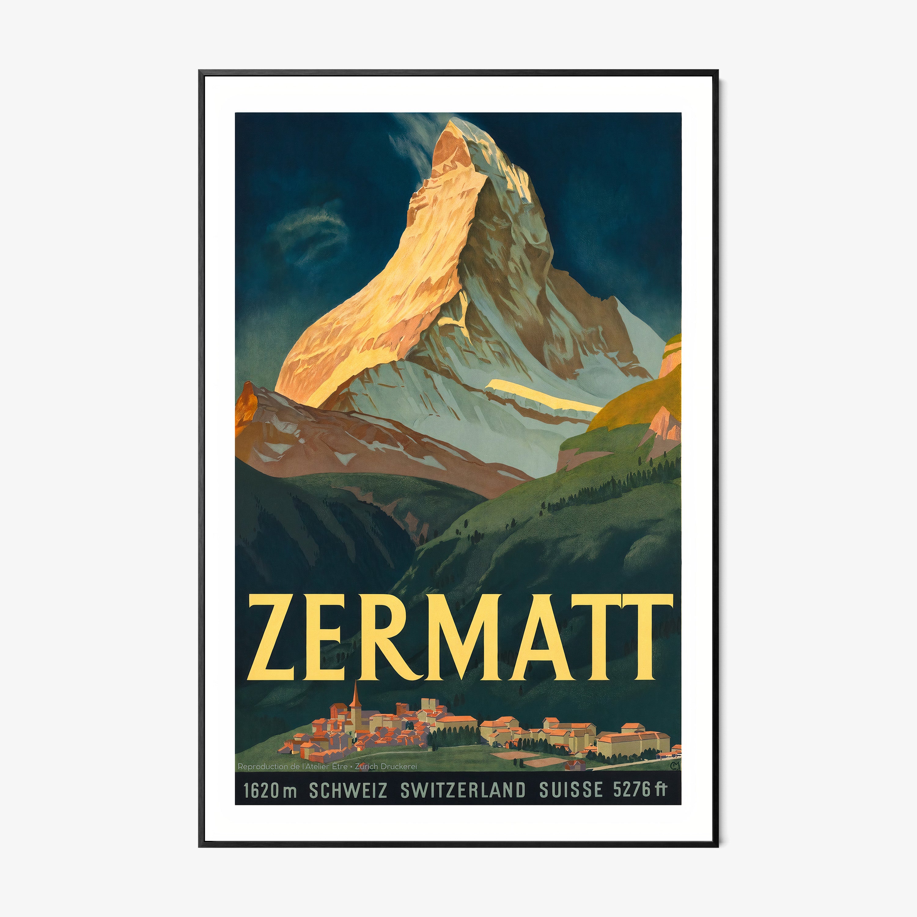 Framed poster of Zermatt hanging on a light background