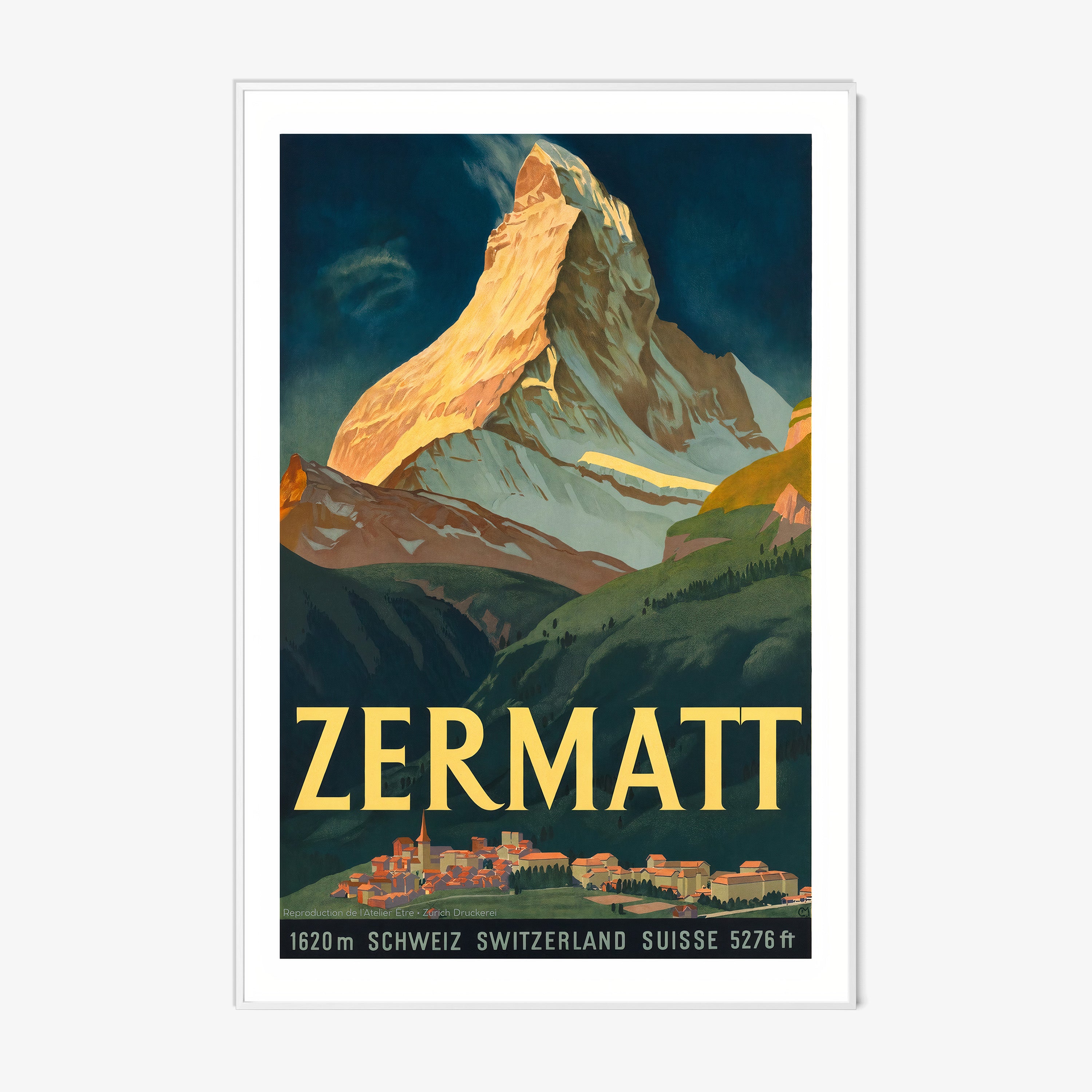 Framed poster of Zermatt hanging on a light background