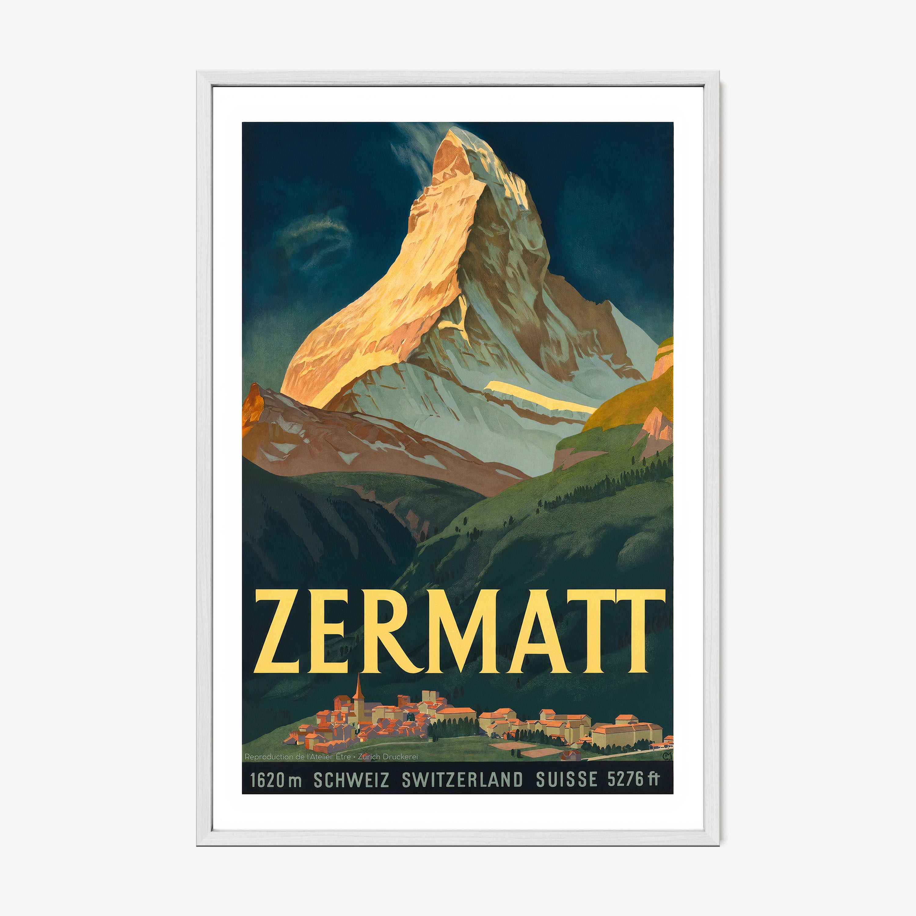 Framed poster of Zermatt hanging on a light background
