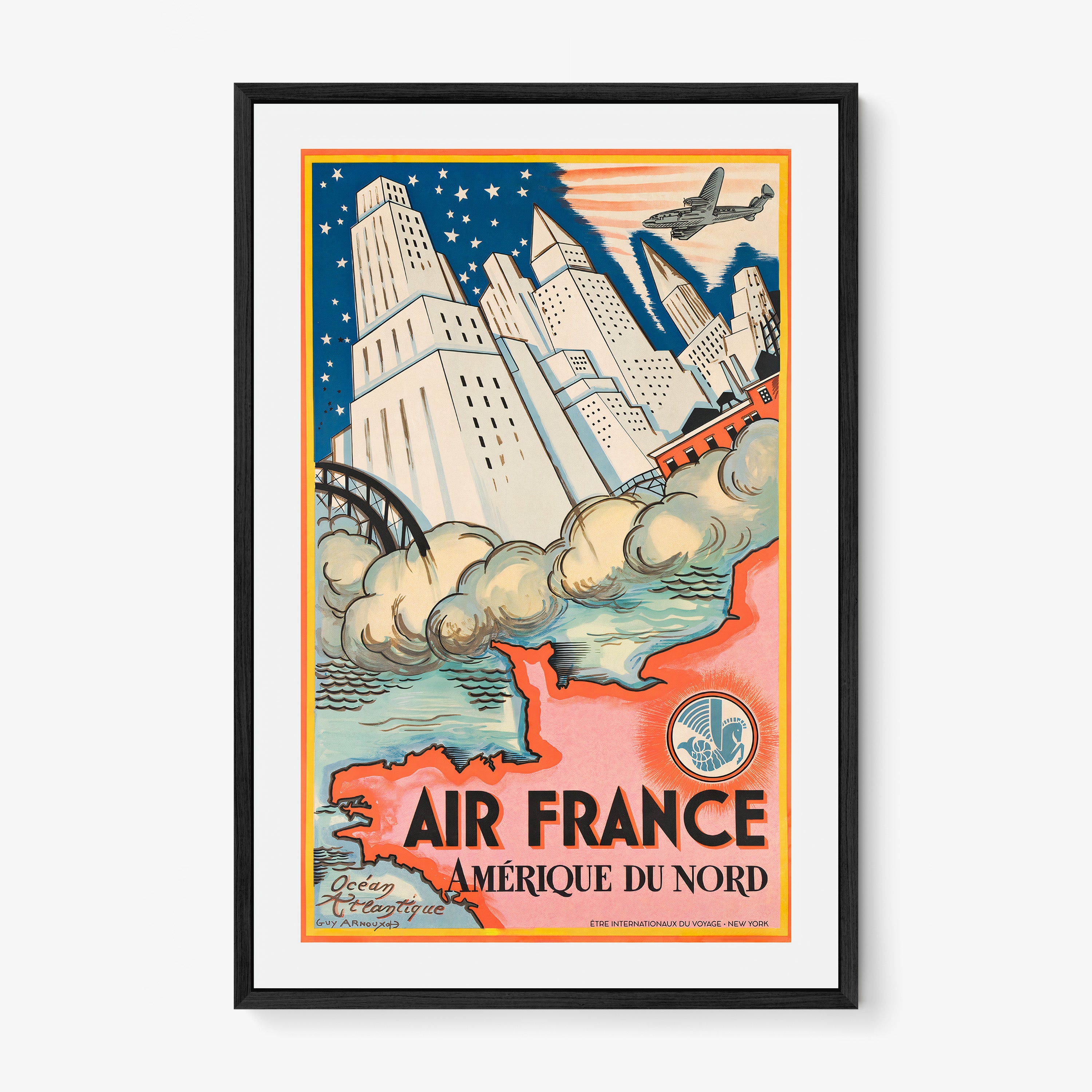 Framed poster featuring skyscrapers and a flying plane, set against a starry sky and the outline of North America with the text "Air France" at the bottom hanging on a white background