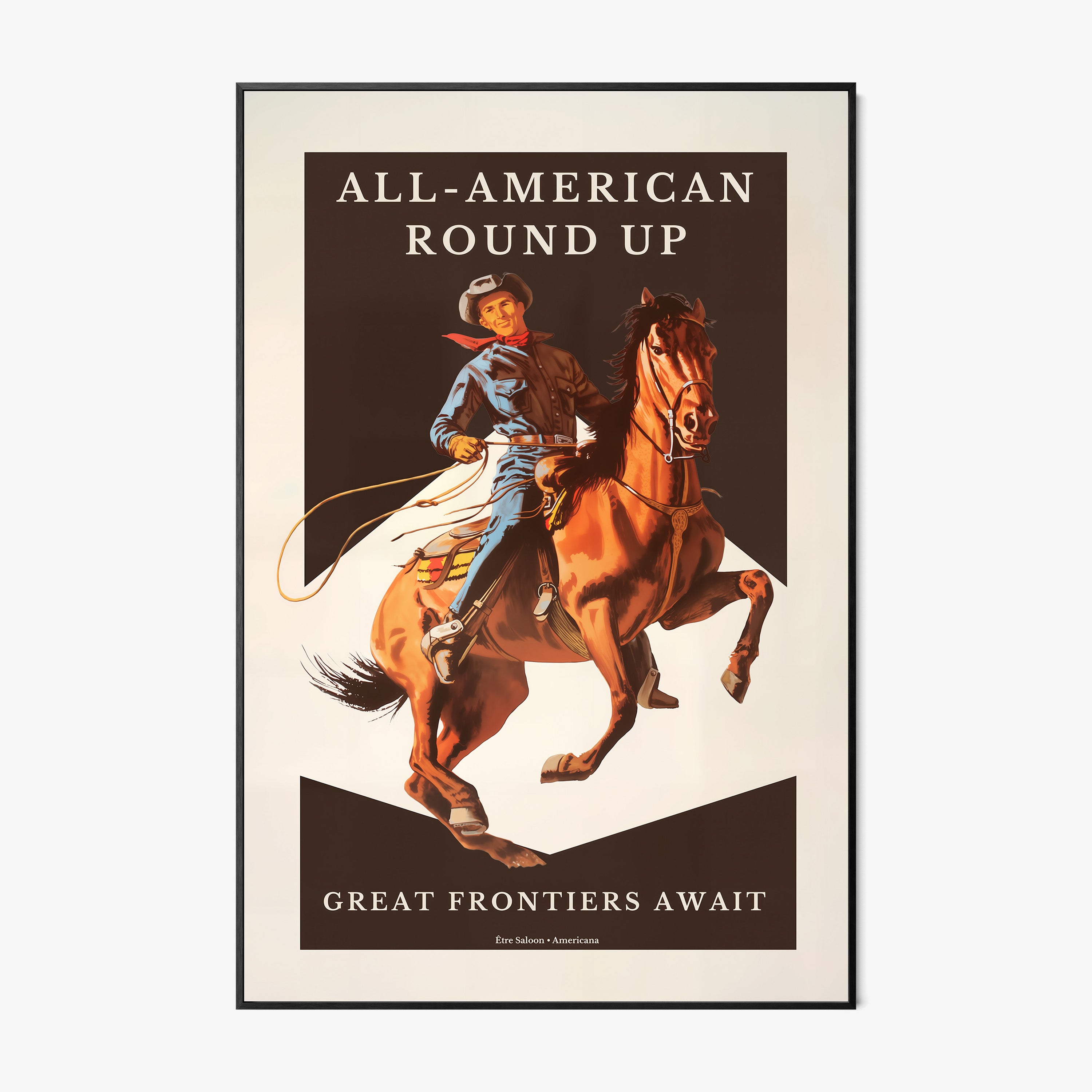 A framed Western-style poster shows a cowboy riding a rearing horse