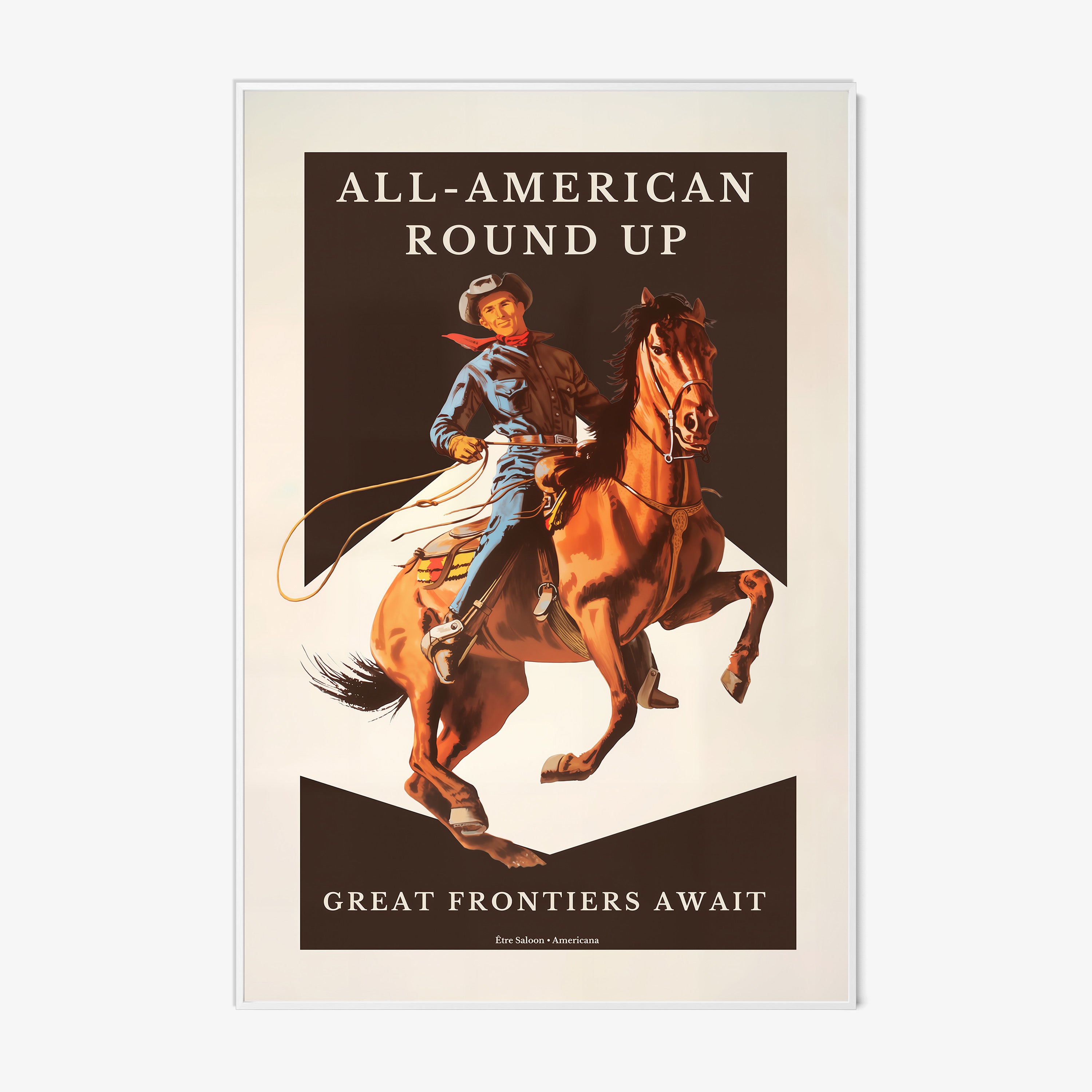 A framed Western-style poster shows a cowboy riding a rearing horse