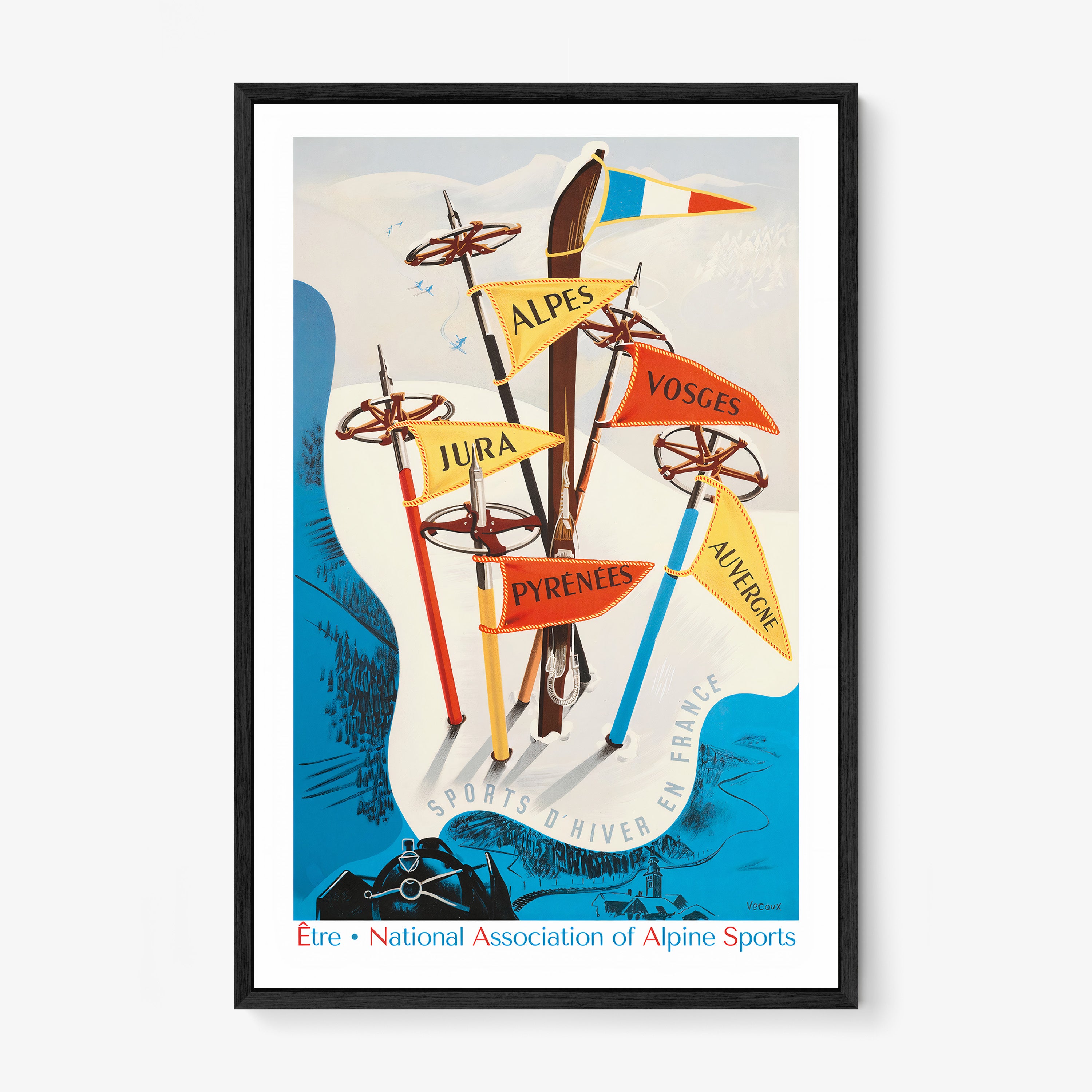 Framed poster of vintage cartoon style skis and poles sticking out of the snowy ground with flags attached to them hanging on a white backdrop