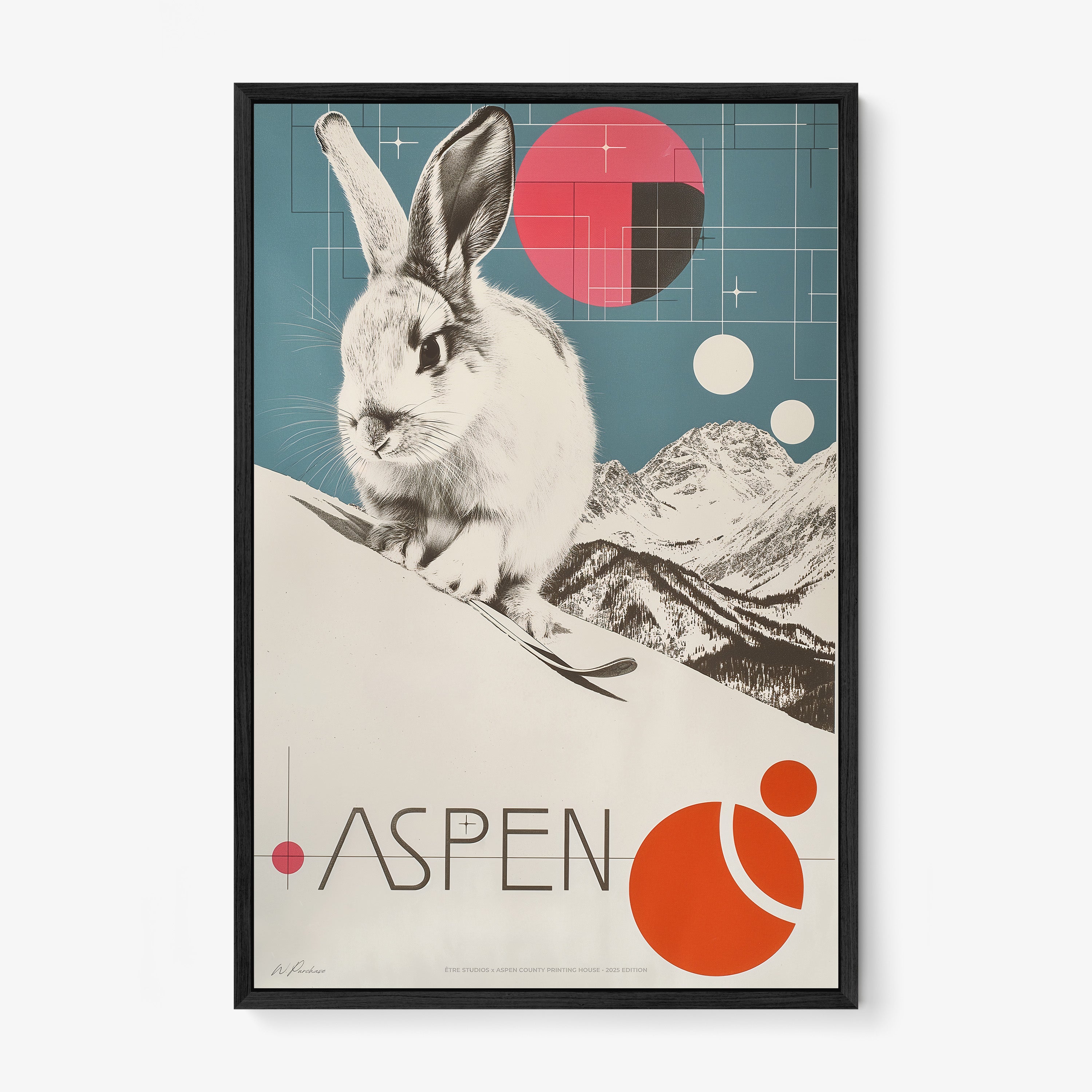 Framed poster of a rabbit on a ski slope with the text "Aspen" written out at the bottom