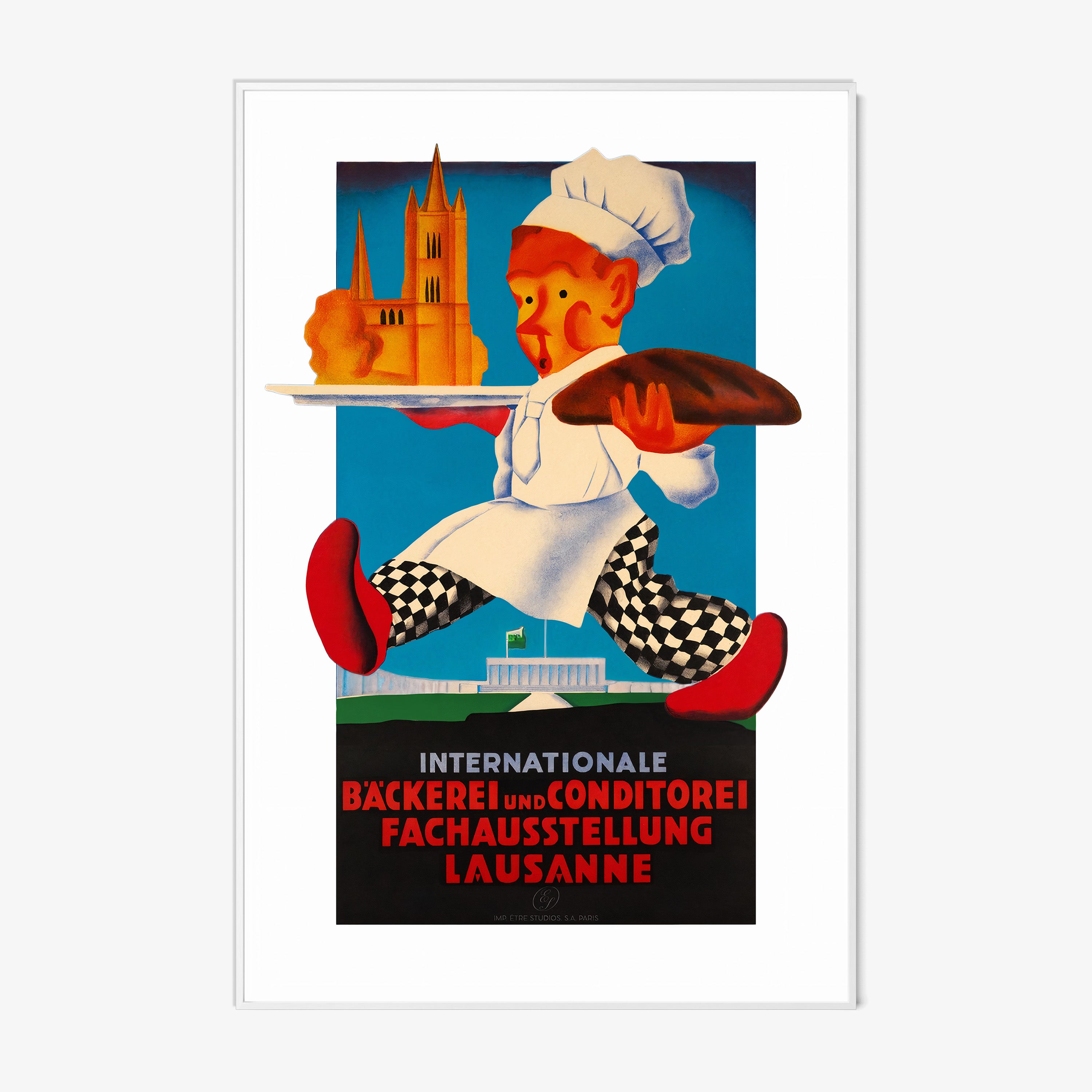 A framed poster features a whimsical chef with a bold art style