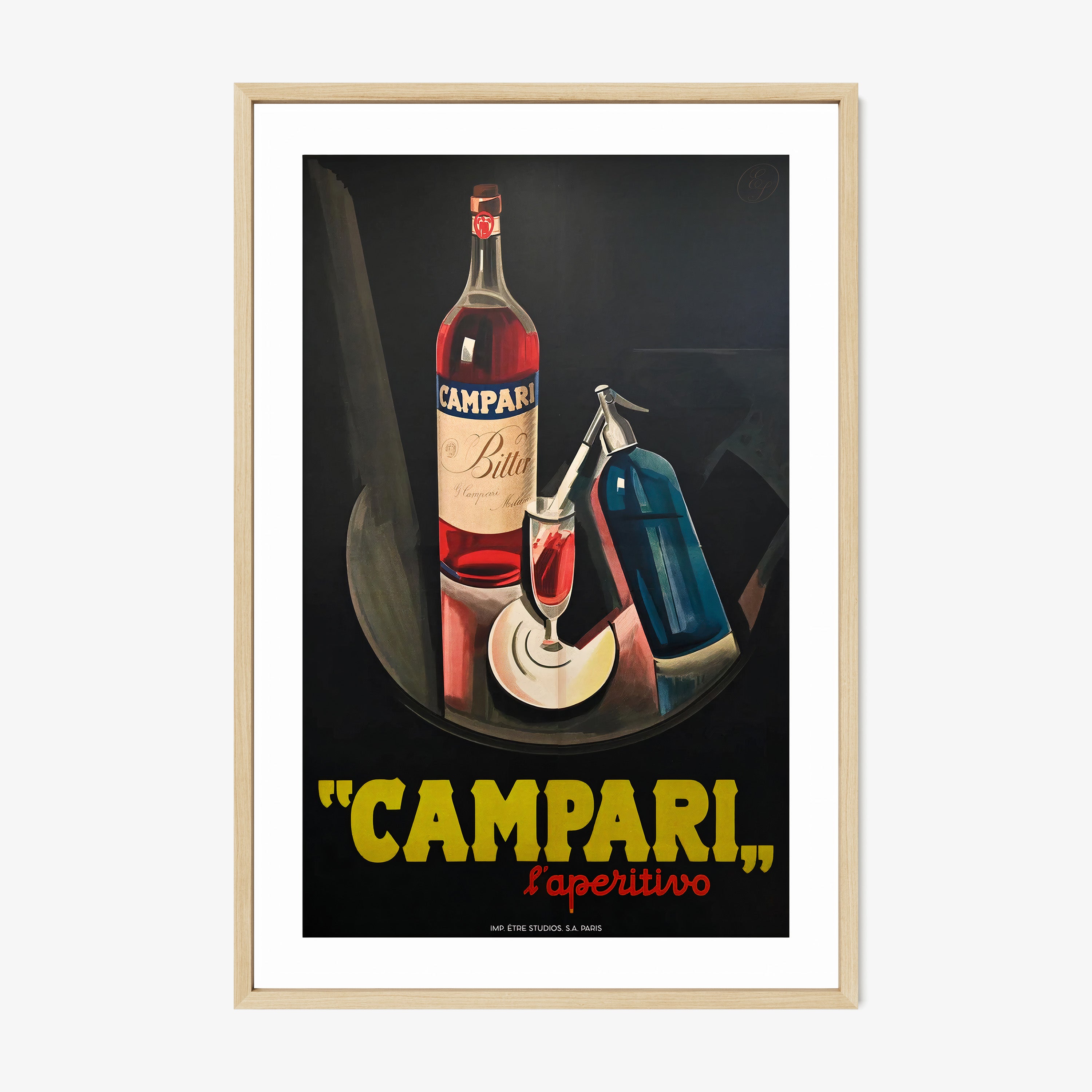 A framed poster features "Campari" with a bottle in the background