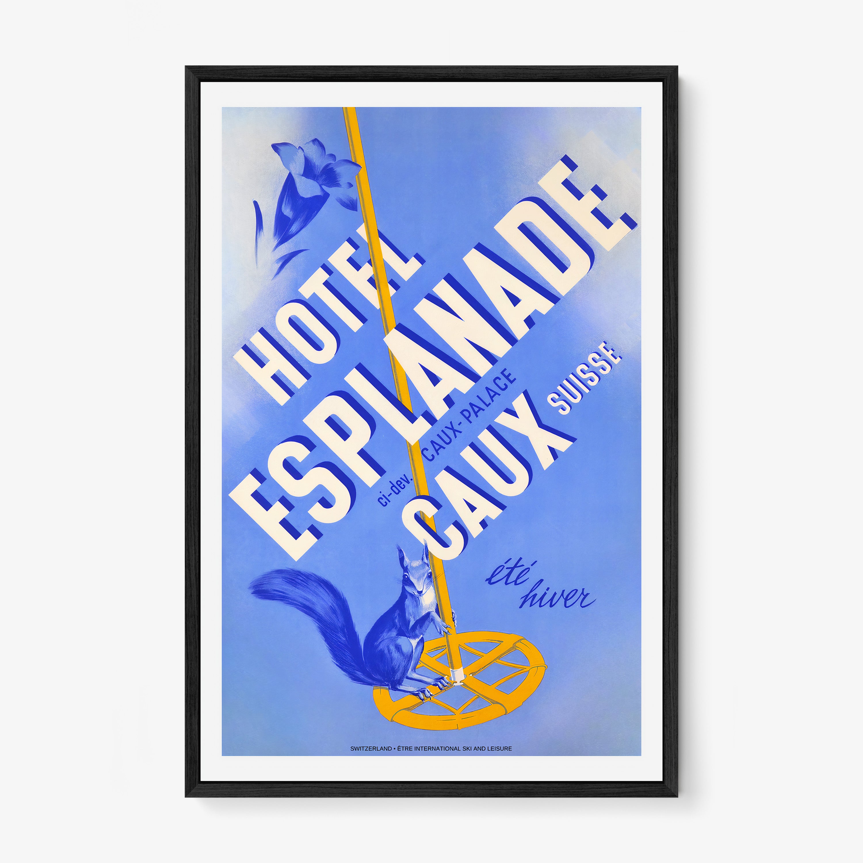 Framed poster of "Hotel Esplanade Caux" with a blue background hanging on a light backdrop