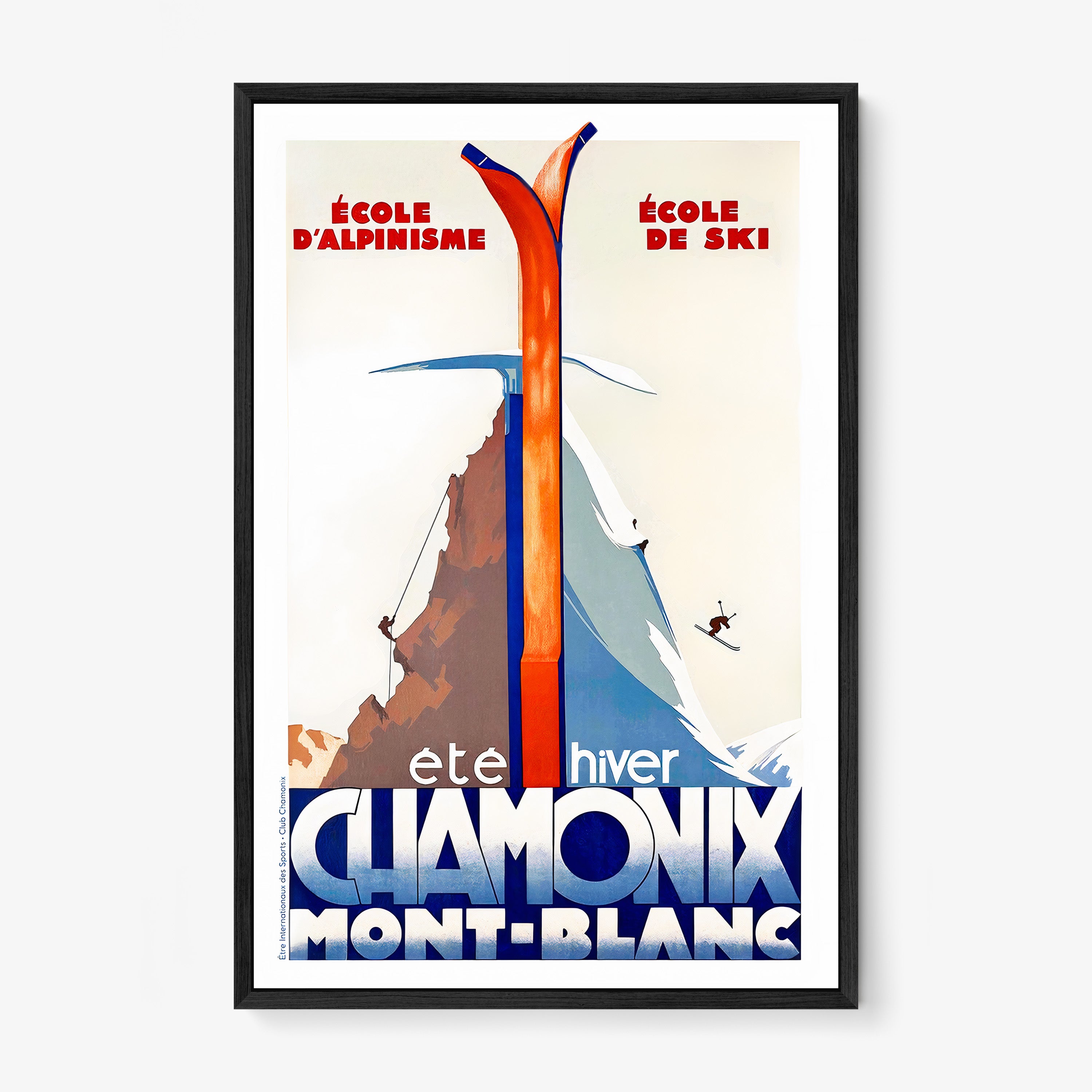 Framed poster of a mountain divided by a winter and summer scene with the text "Chamonic Mont-Blanc" at the bottom hanging in a light background